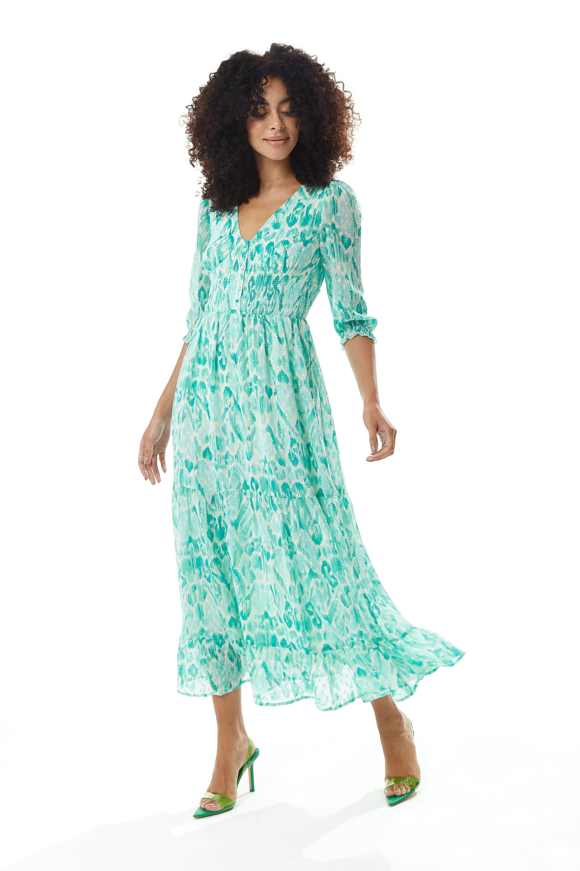 Women's Maxi Dress in Green and White with 3/4 Sleeves and Luxurious Chiffon Fabric - Liquorish