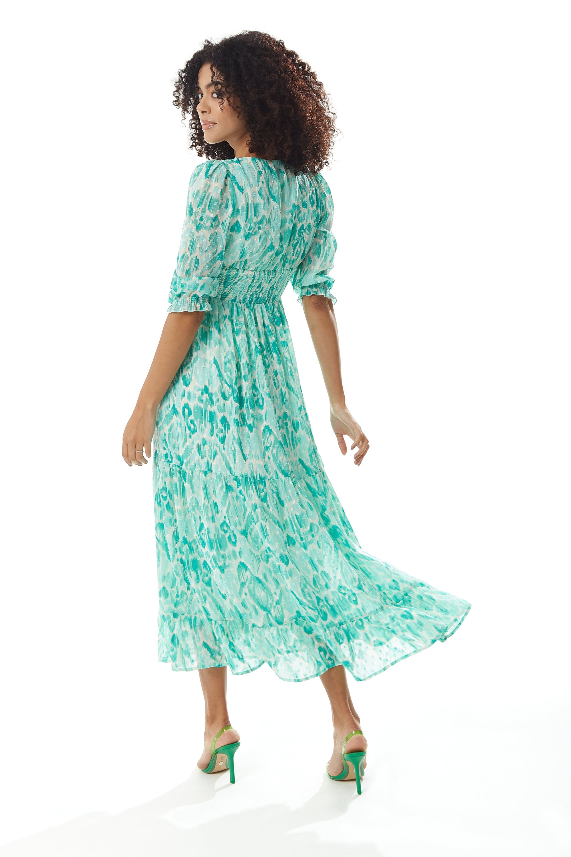 Women's Maxi Dress in Green and White with 3/4 Sleeves and Luxurious Chiffon Fabric - Liquorish