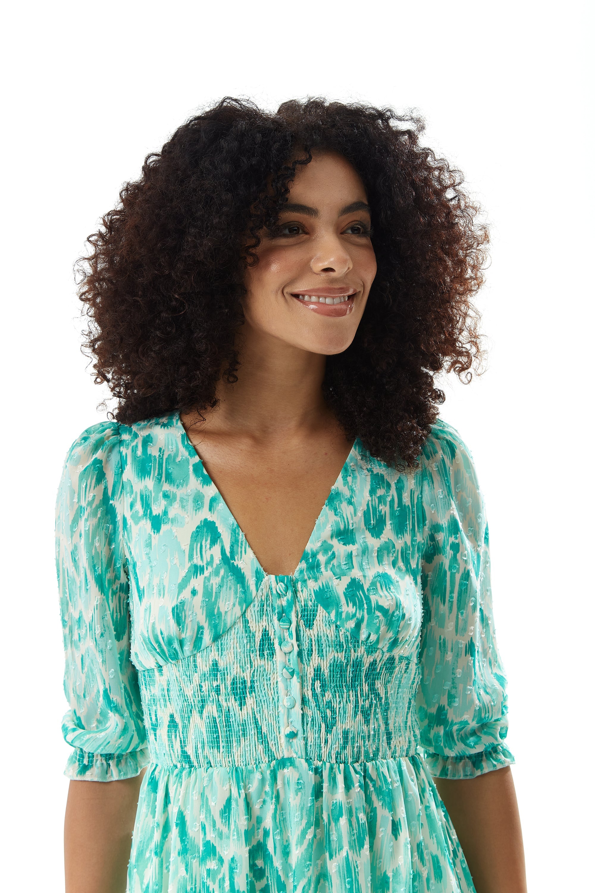 Women's Maxi Dress in Green and White with 3/4 Sleeves and Luxurious Chiffon Fabric - Liquorish