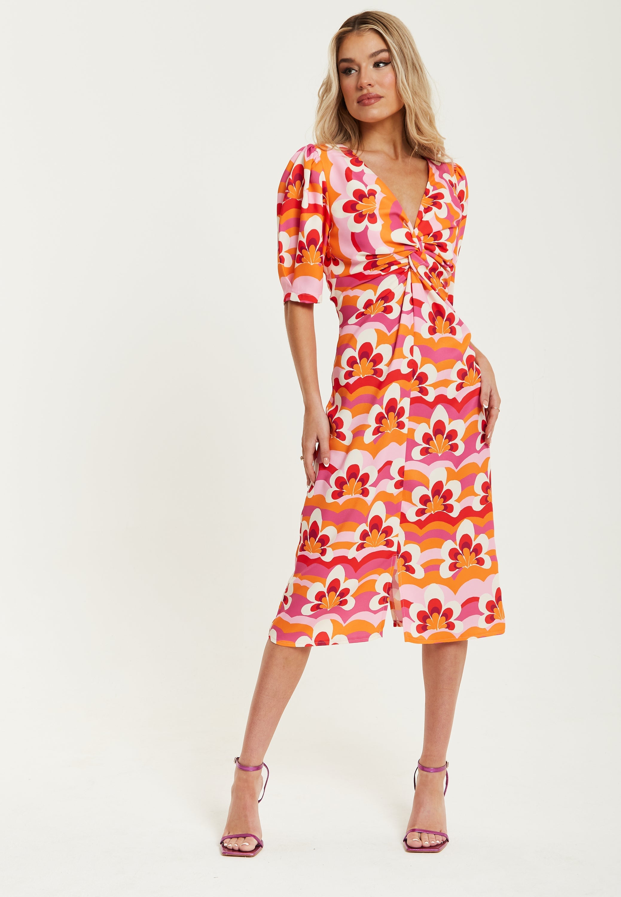 Women's Midi Dress in Orange and Pink with Knot Front, V Neck, Short Sleeves, and Front Slit - Liquorish