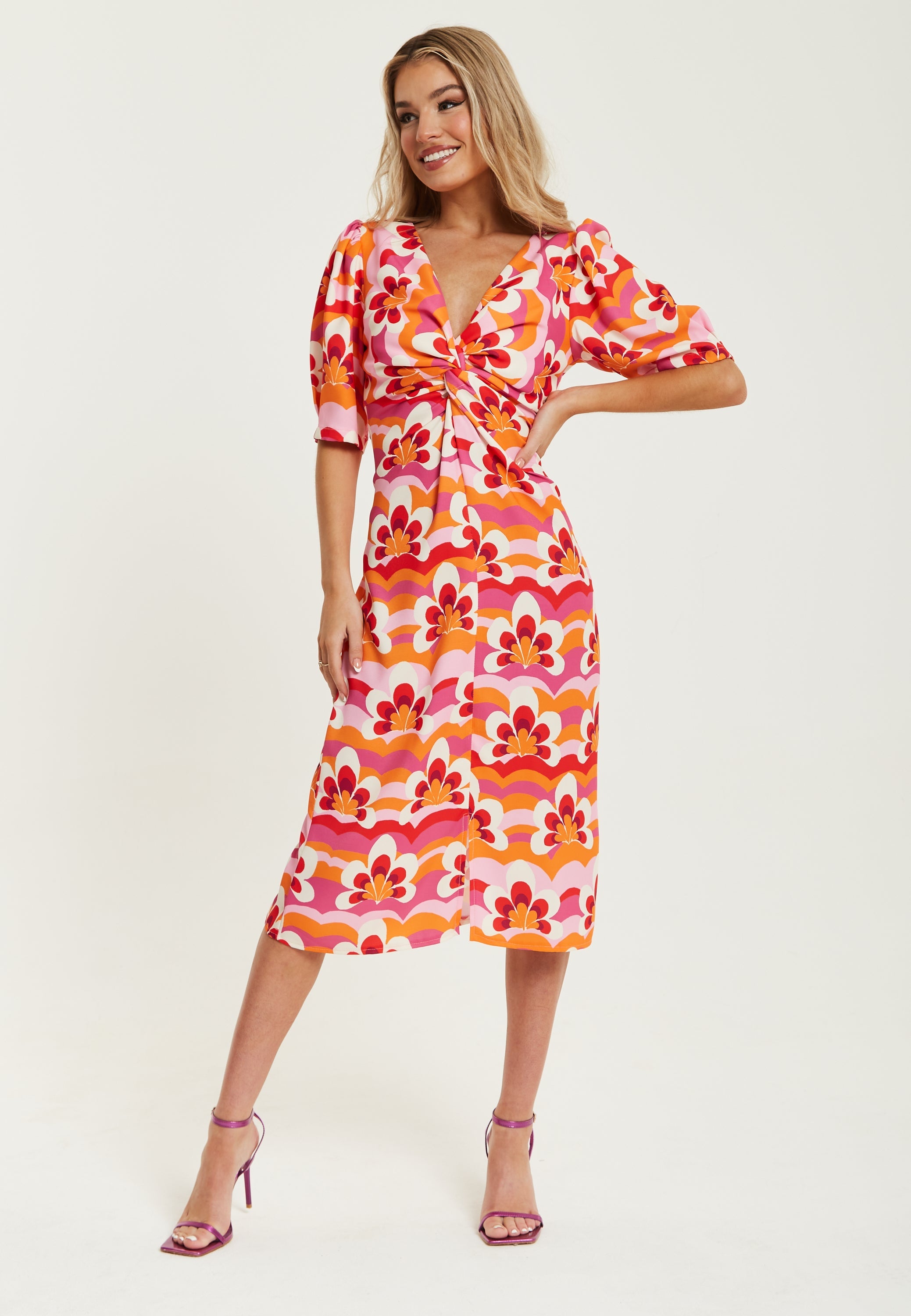 Women's Midi Dress in Orange and Pink with Knot Front, V Neck, Short Sleeves, and Front Slit - Liquorish