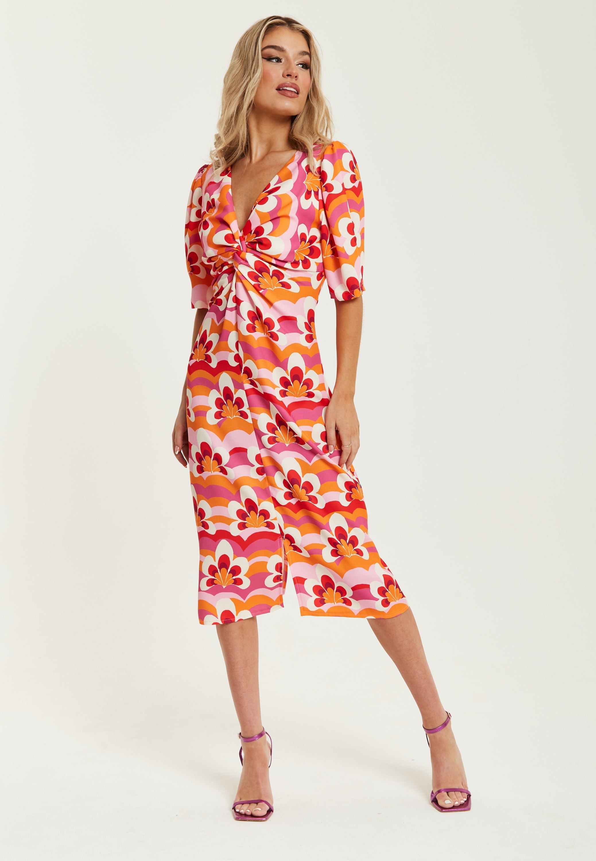 Women's Midi Dress in Orange and Pink with Knot Front, V Neck, Short Sleeves, and Front Slit - Liquorish