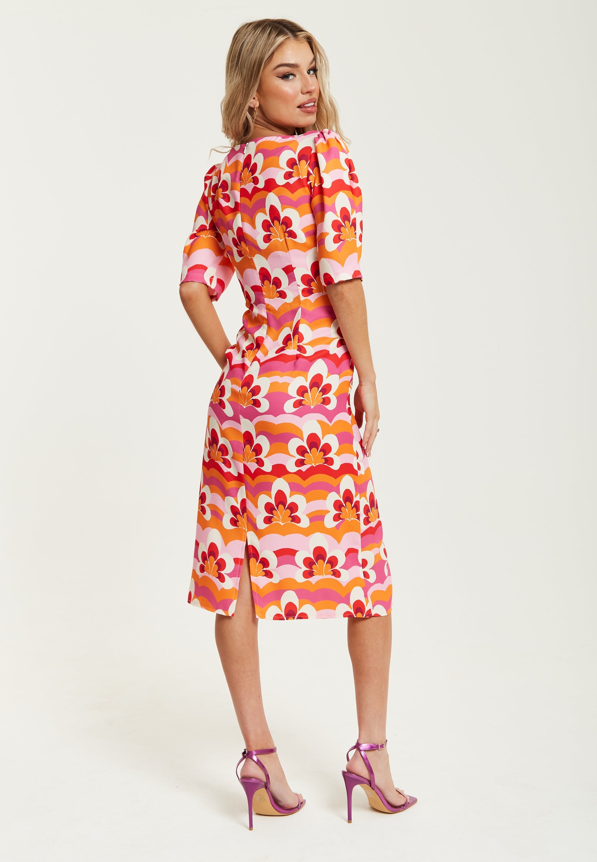Women's Midi Dress in Orange and Pink with Knot Front, V Neck, Short Sleeves, and Front Slit - Liquorish