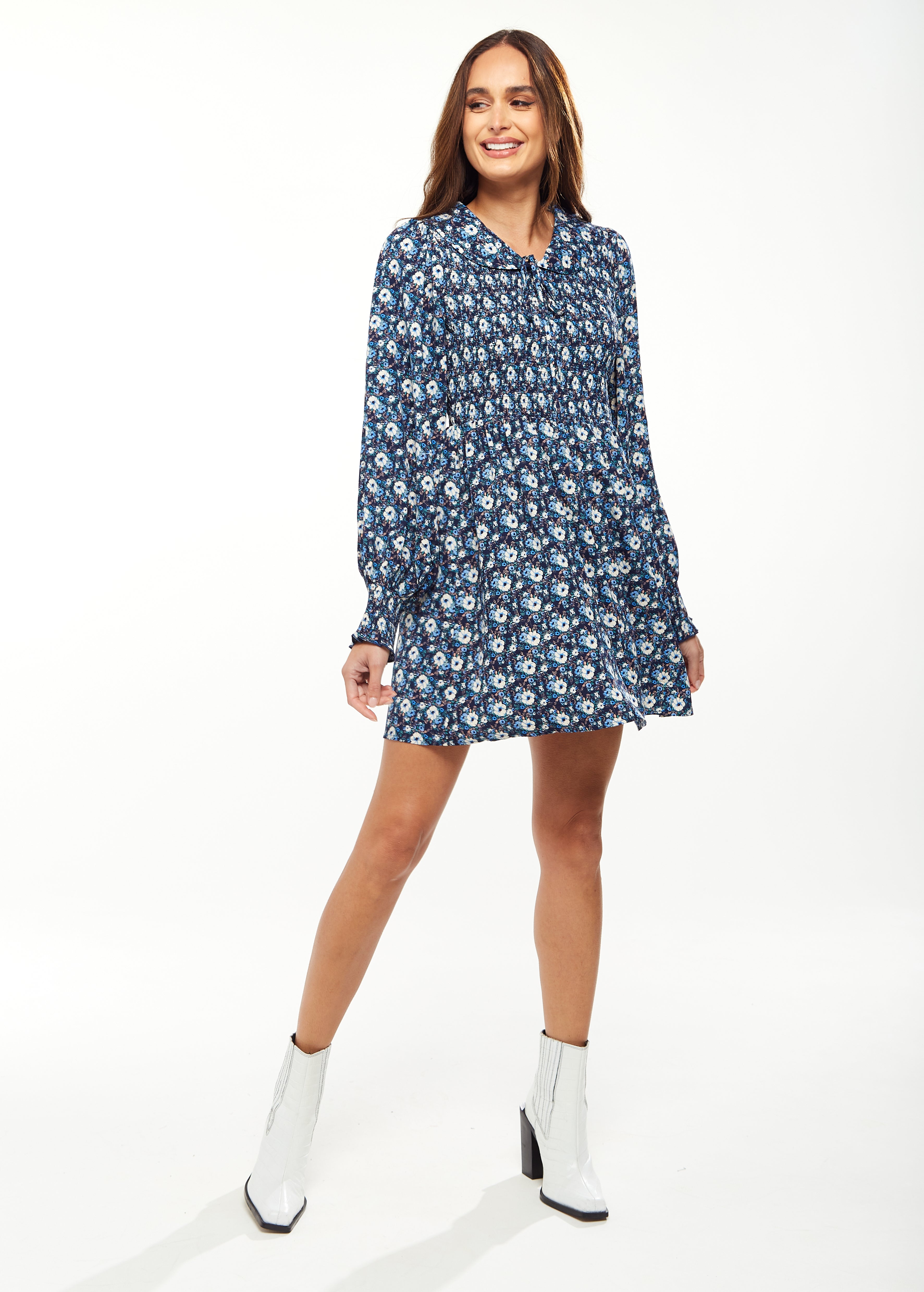 Women's Mini Dress in Blue with Balloon Sleeves and Peter Pan Collar - Floral Print Smock Design by Liquorish