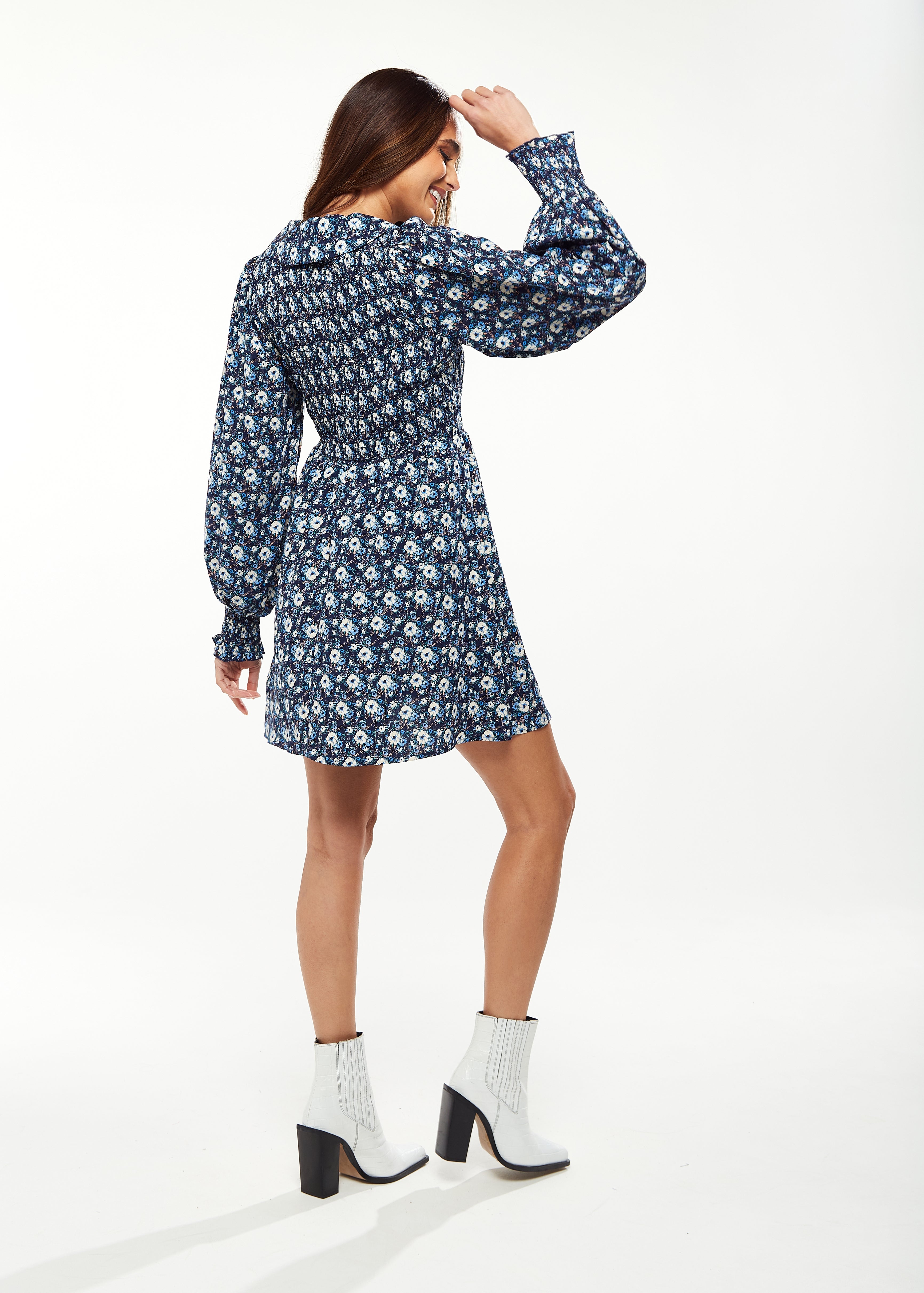 Women's Mini Dress in Blue with Balloon Sleeves and Peter Pan Collar - Floral Print Smock Design by Liquorish
