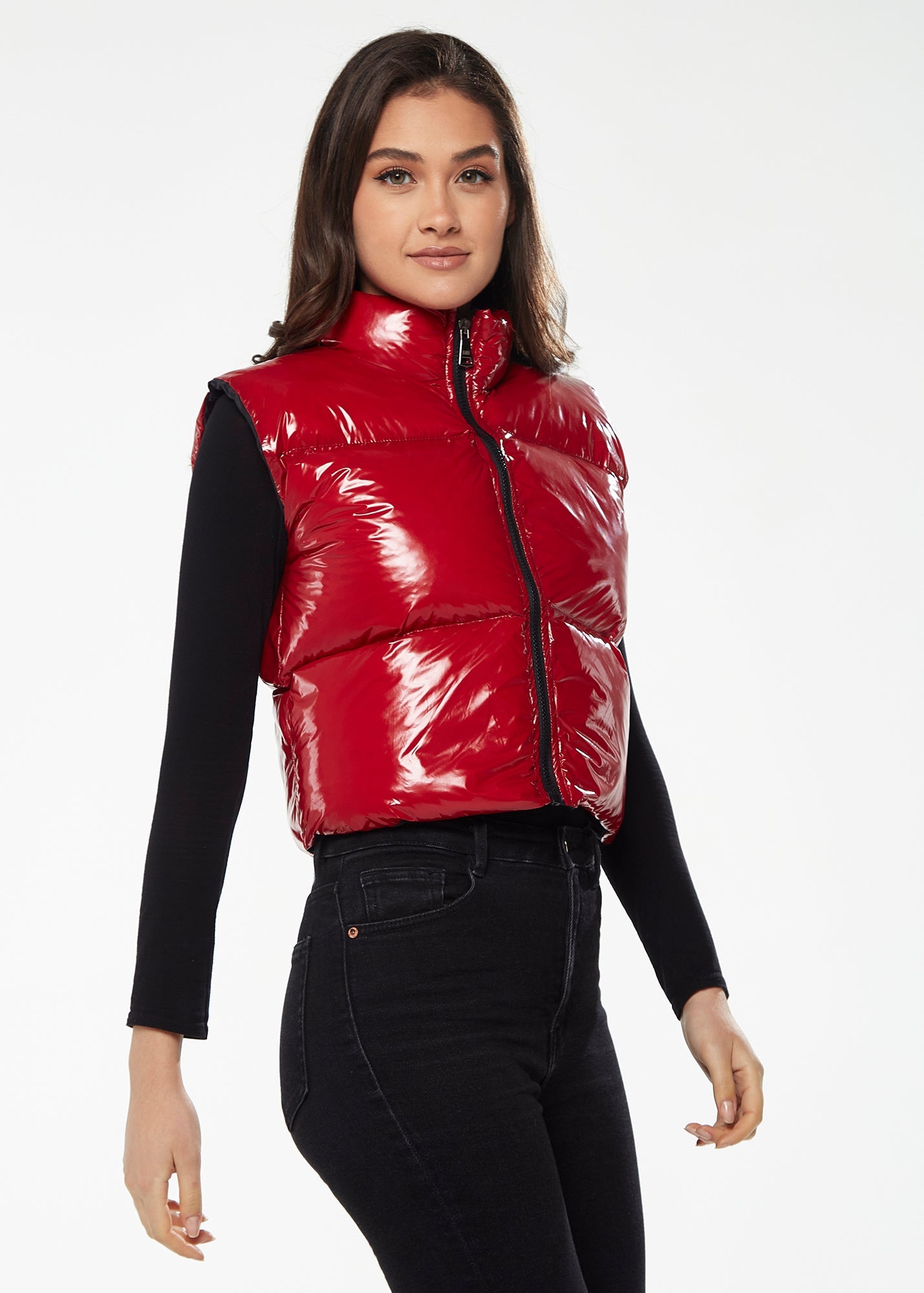Women’s Wet Look Gilet in Red - Sleeveless, High Neck, Zip Closure, Cropped Fit, Regular Fit, Perfect for Cold Days.