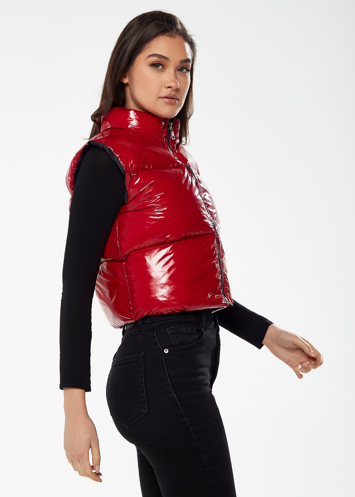 Women’s Wet Look Gilet in Red - Sleeveless, High Neck, Zip Closure, Cropped Fit, Regular Fit, Perfect for Cold Days.