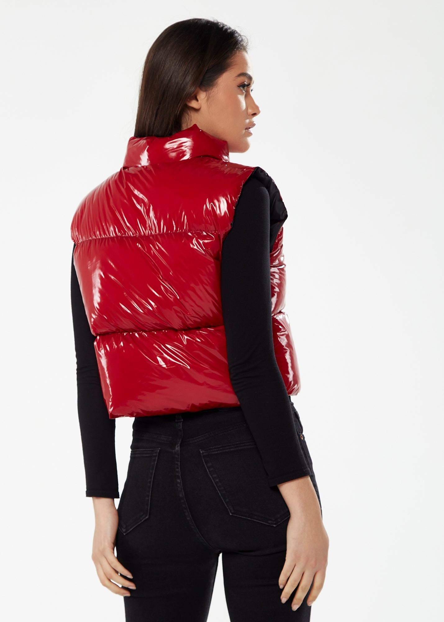 Women’s Wet Look Gilet in Red - Sleeveless, High Neck, Zip Closure, Cropped Fit, Regular Fit, Perfect for Cold Days.