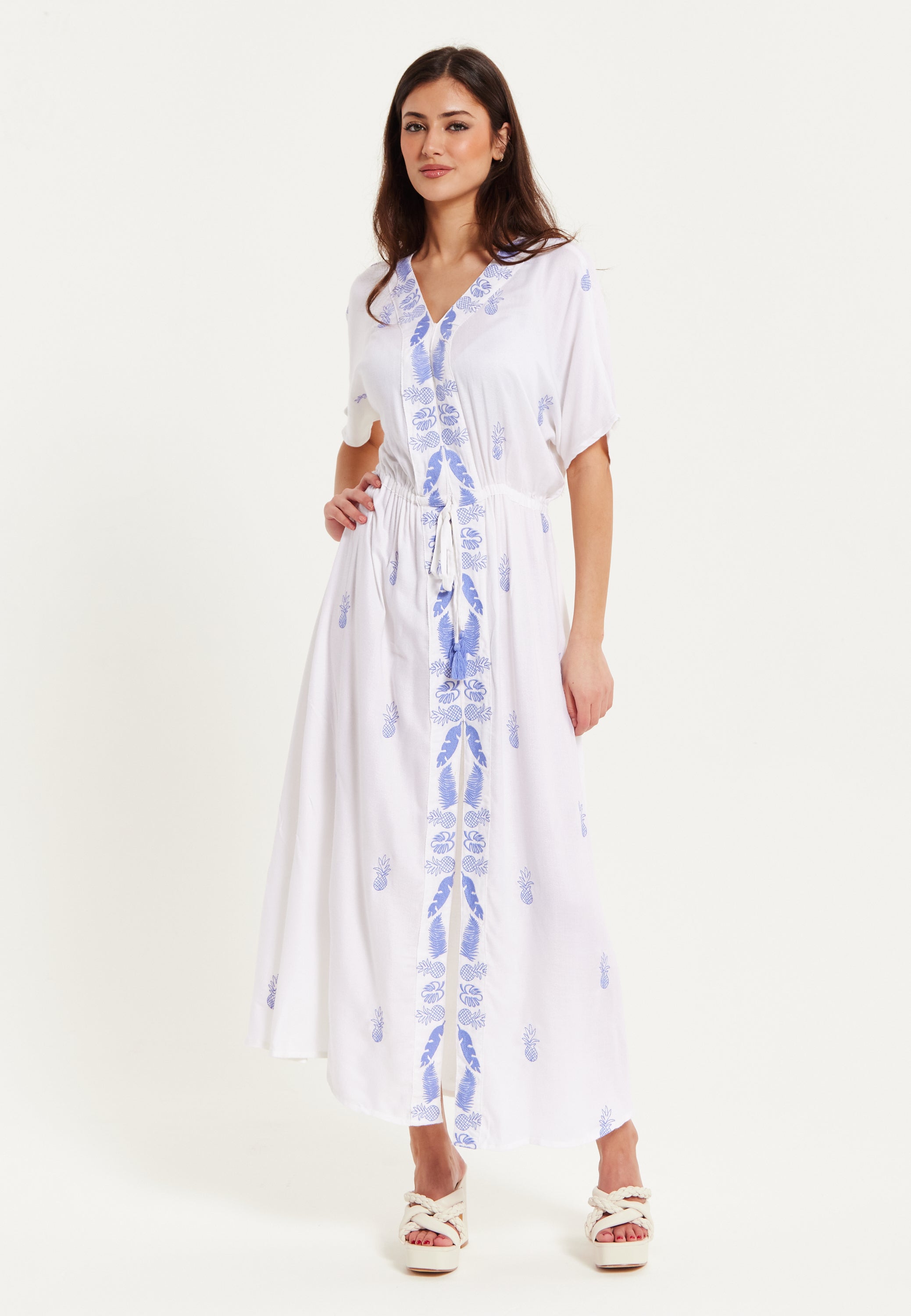 Women's Maxi Dress with Short Sleeves, Blue Pineapple Embroidery in White - Liquorish