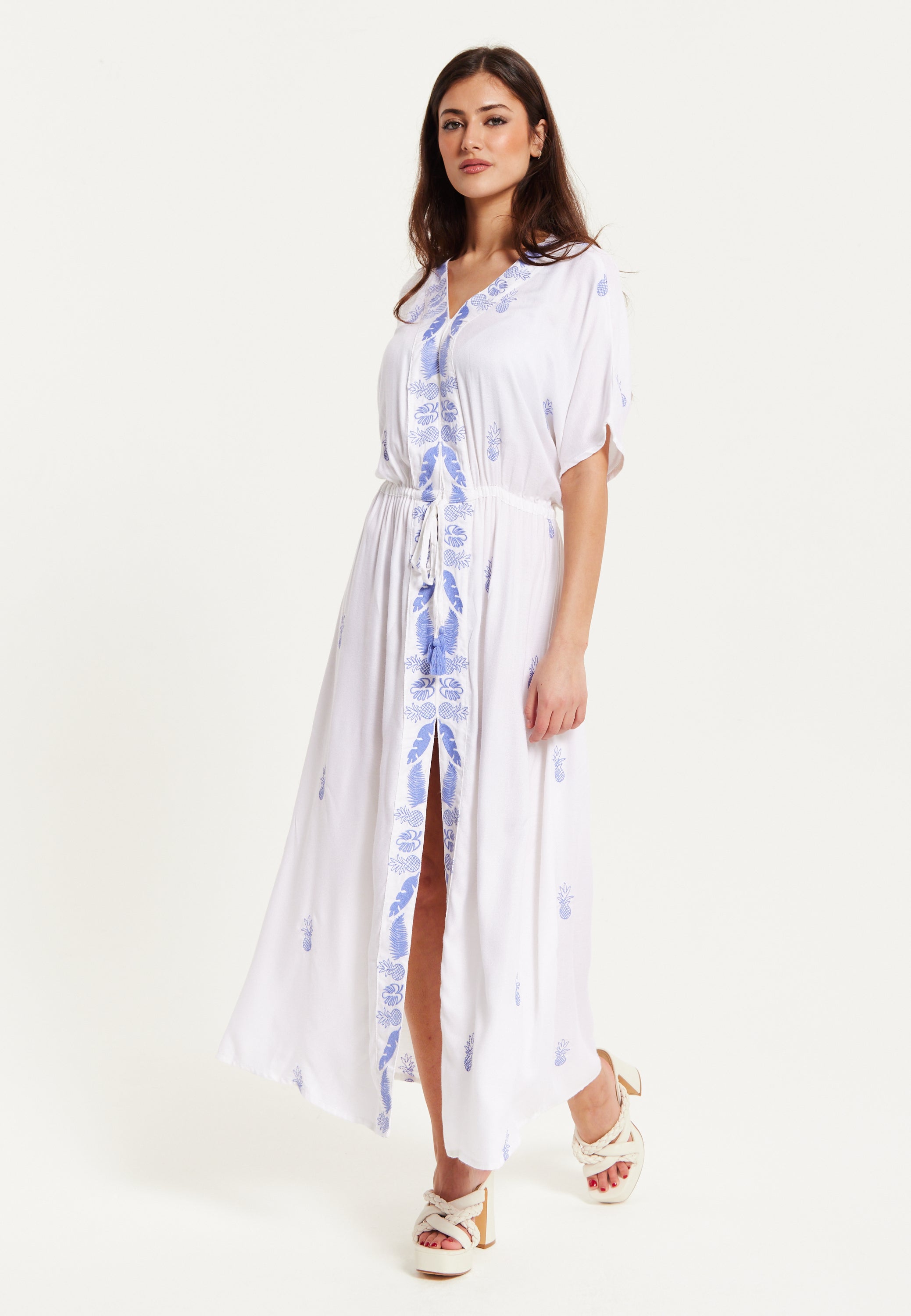 Women's Maxi Dress with Short Sleeves, Blue Pineapple Embroidery in White - Liquorish