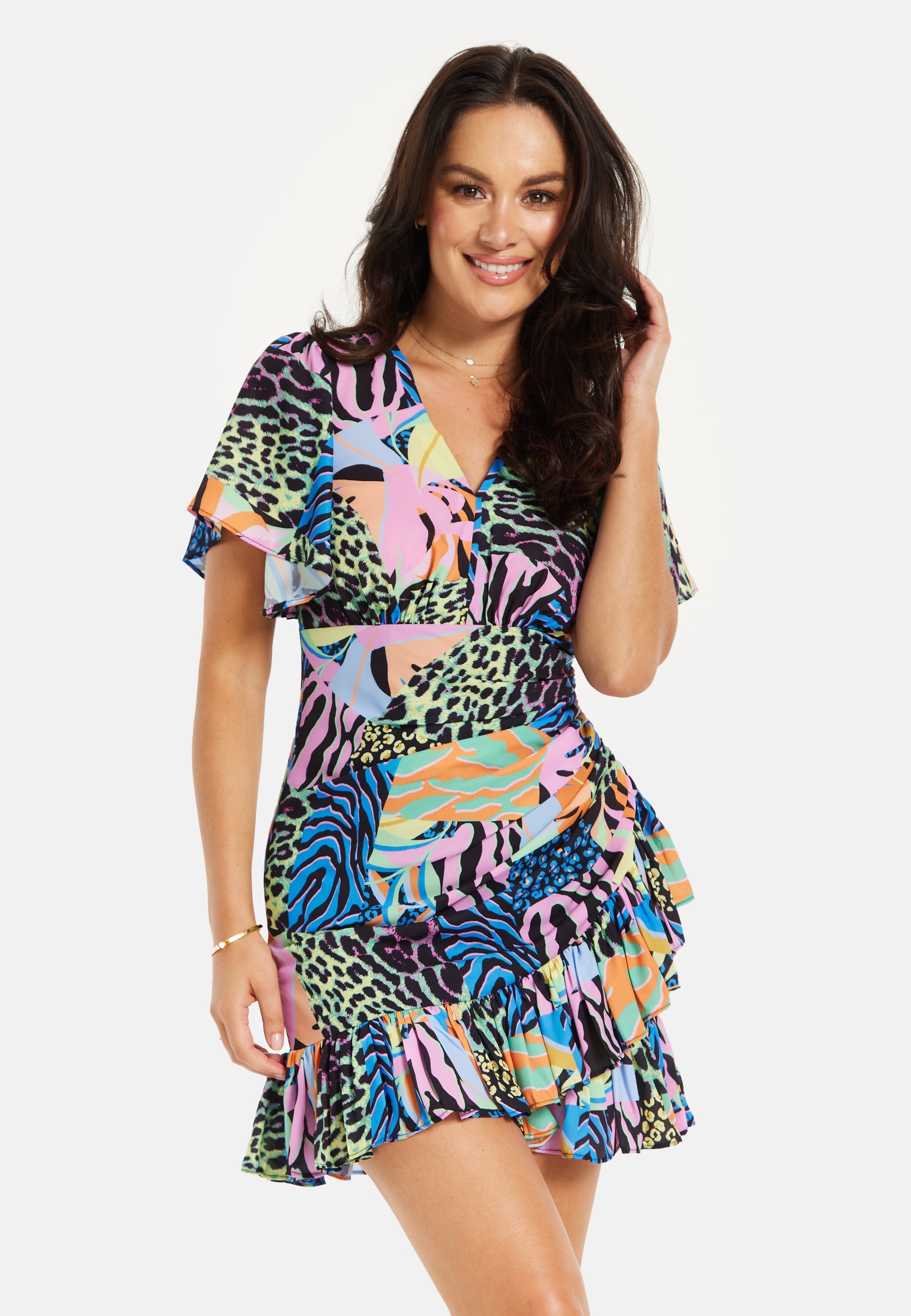 Women's Mini Dress with Frilled Hem, Ruched Detail, Short Sleeves in Multicolour - Liquorish