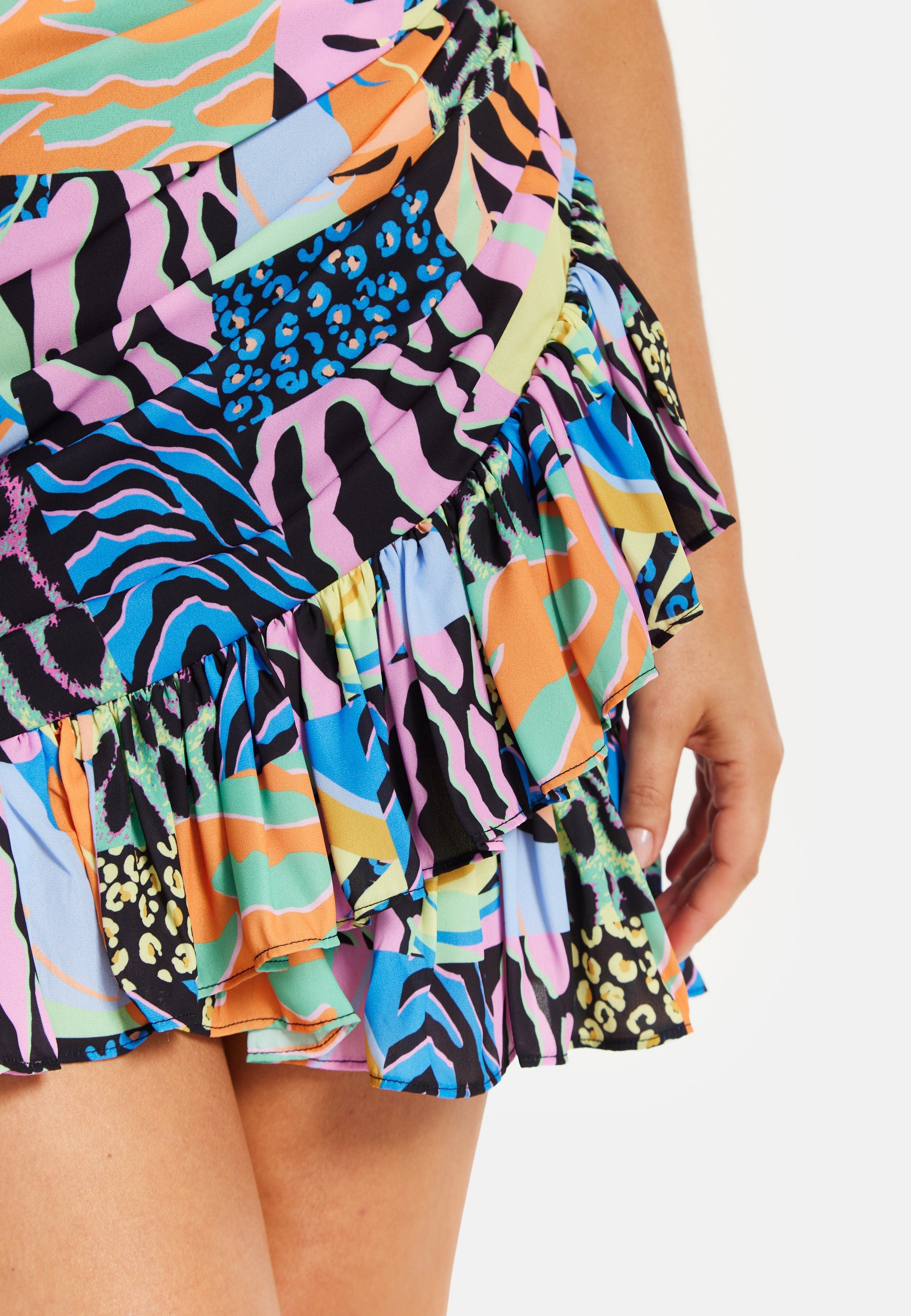Women's Mini Dress with Frilled Hem, Ruched Detail, Short Sleeves in Multicolour - Liquorish