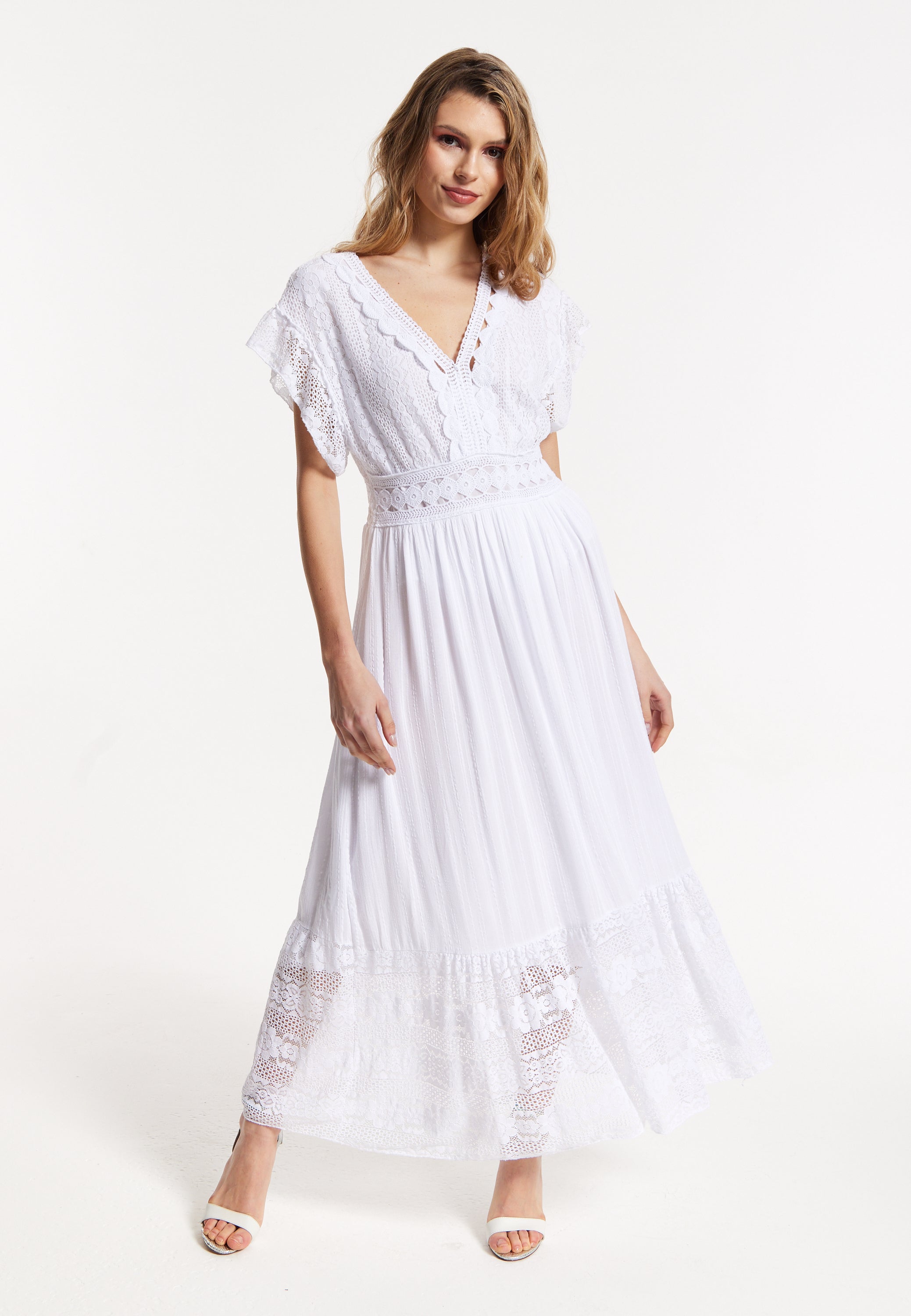 Elegant V-Neck White Lace Maxi Dress