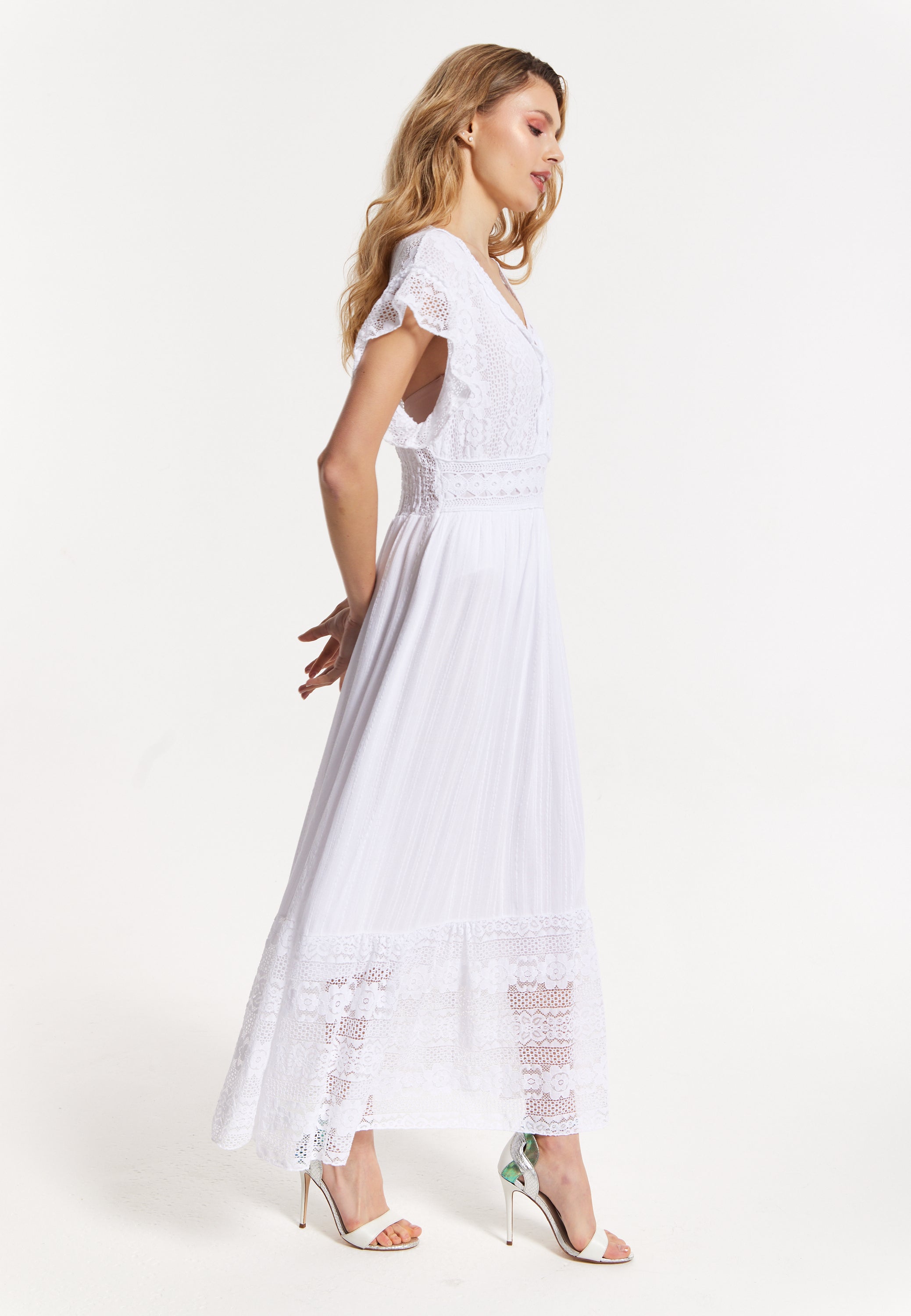 Elegant V-Neck White Lace Maxi Dress