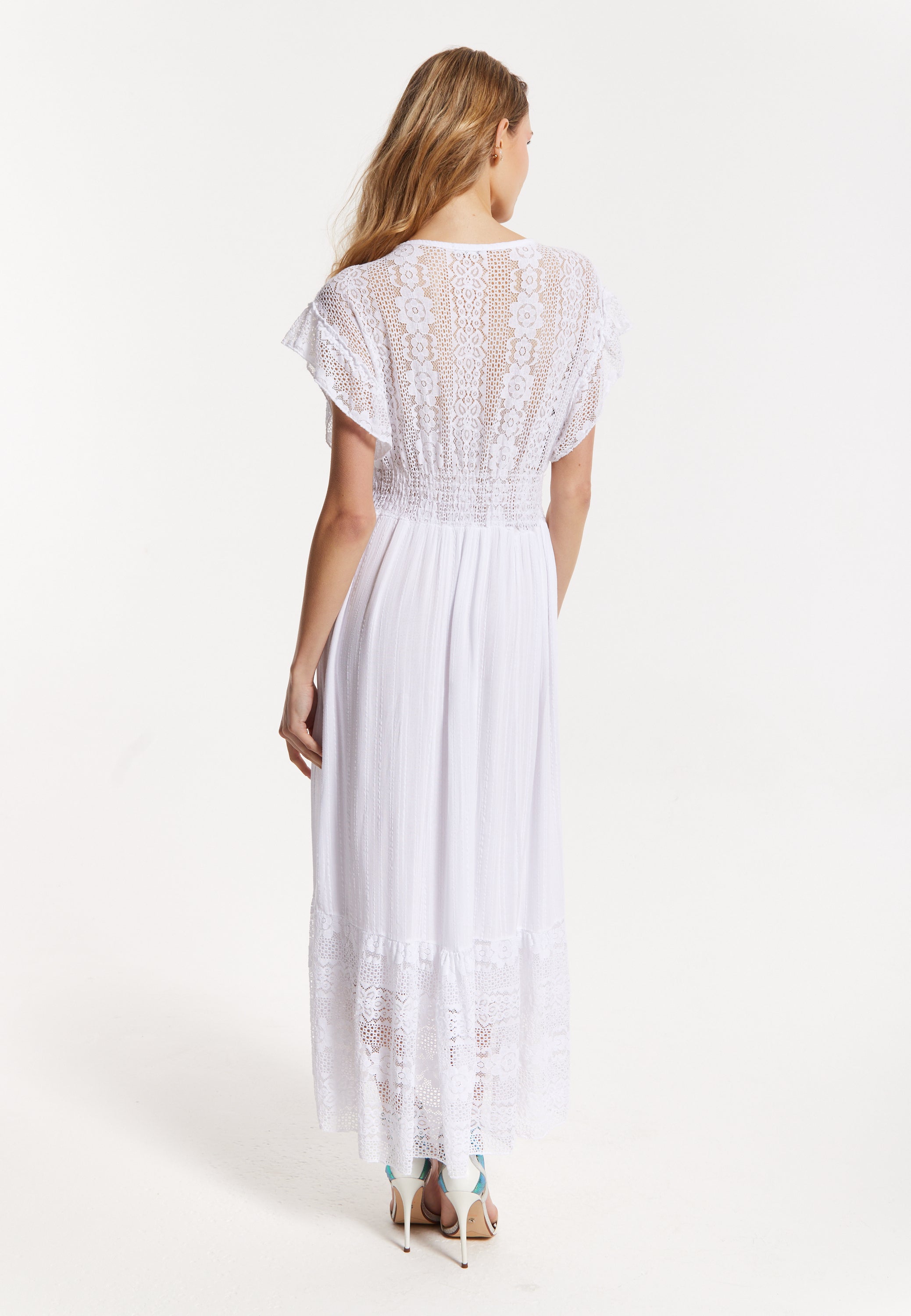 Elegant V-Neck White Lace Maxi Dress