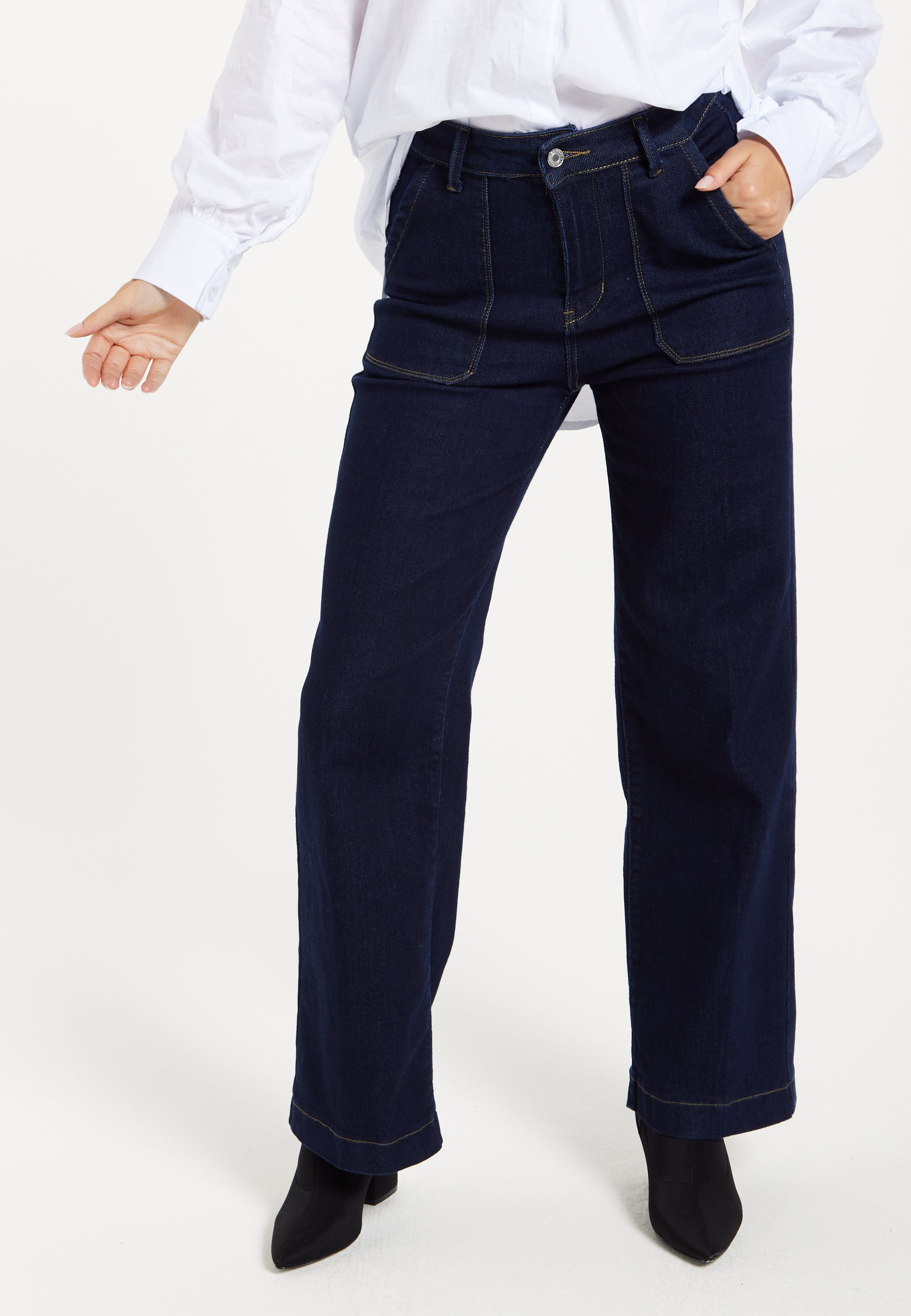 Women's Trousers: High-Waisted Dark Navy Wide-Leg Jeans with Deep Front Pockets, Clean Stitching - Liquorish