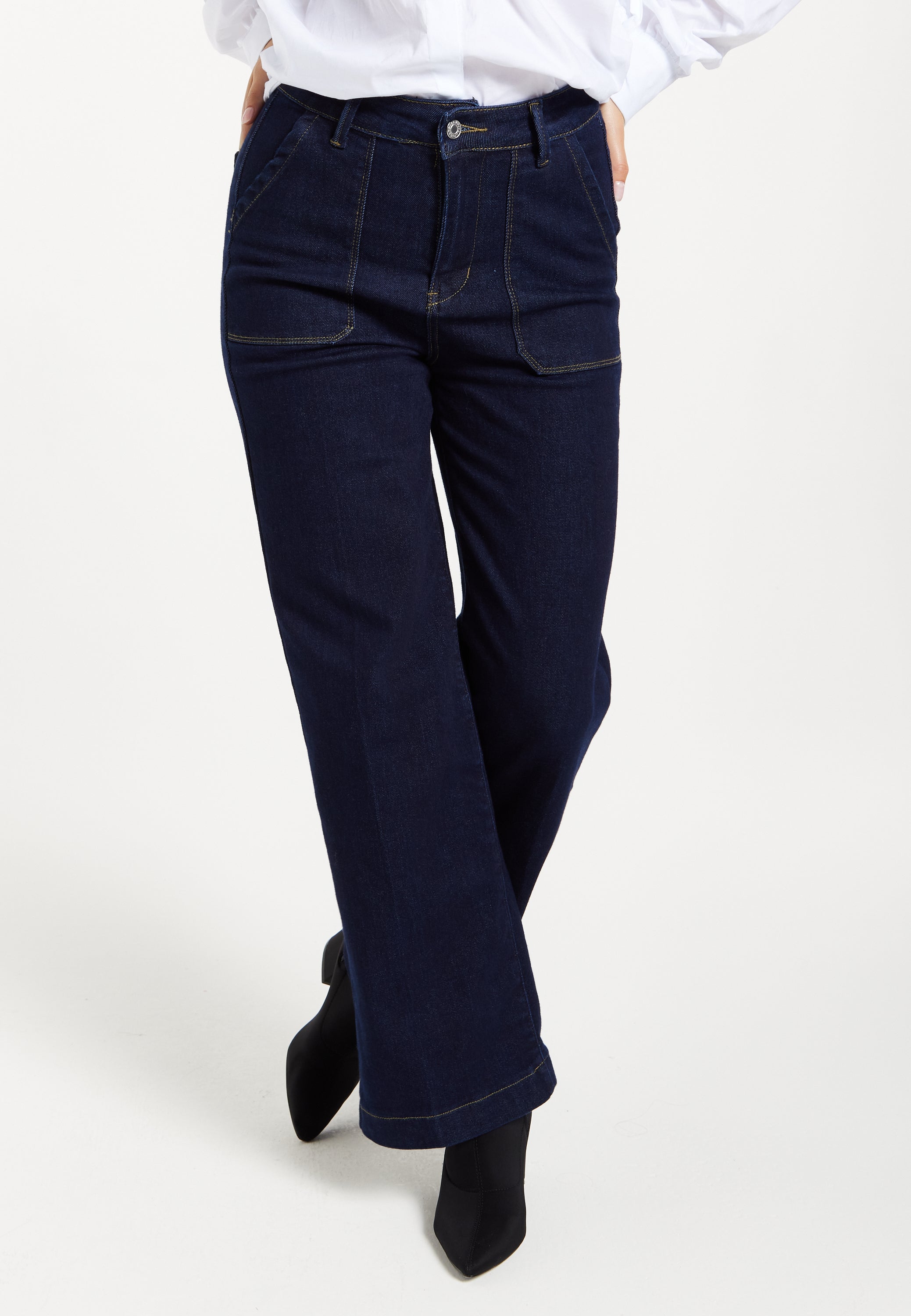 Women's Trousers: High-Waisted Dark Navy Wide-Leg Jeans with Deep Front Pockets, Clean Stitching - Liquorish