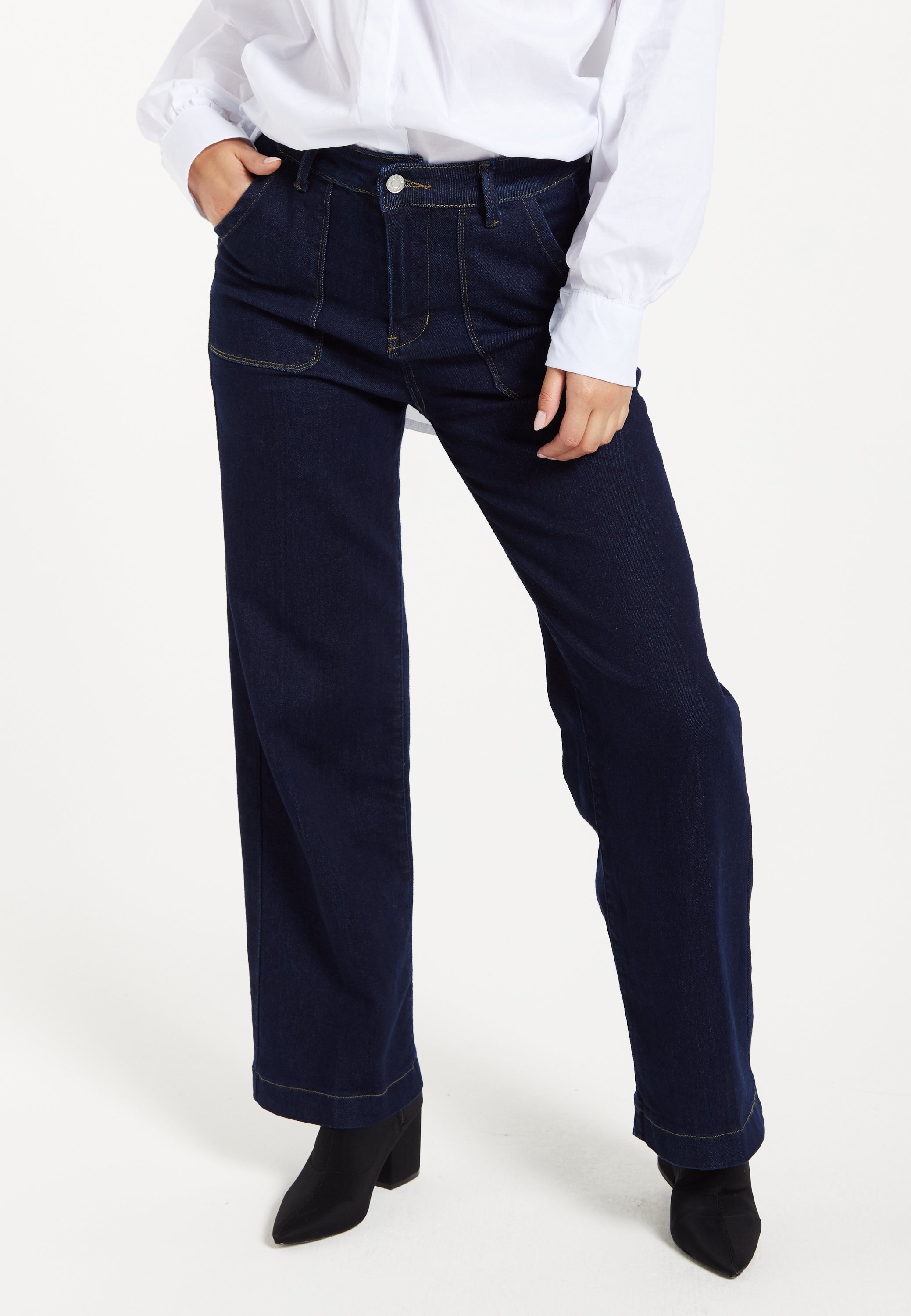Women's Trousers: High-Waisted Dark Navy Wide-Leg Jeans with Deep Front Pockets, Clean Stitching - Liquorish