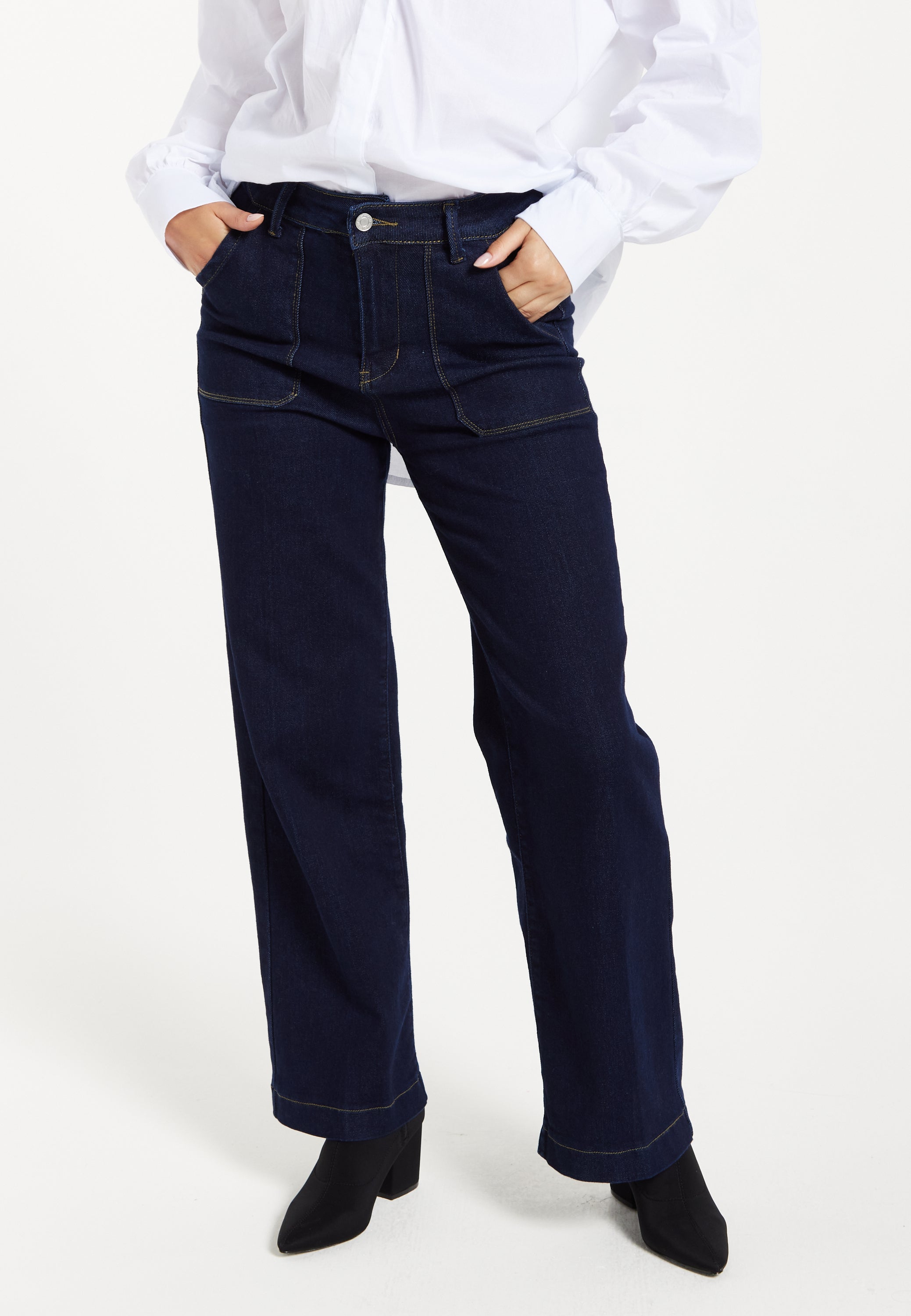 Women's Trousers: High-Waisted Dark Navy Wide-Leg Jeans with Deep Front Pockets, Clean Stitching - Liquorish