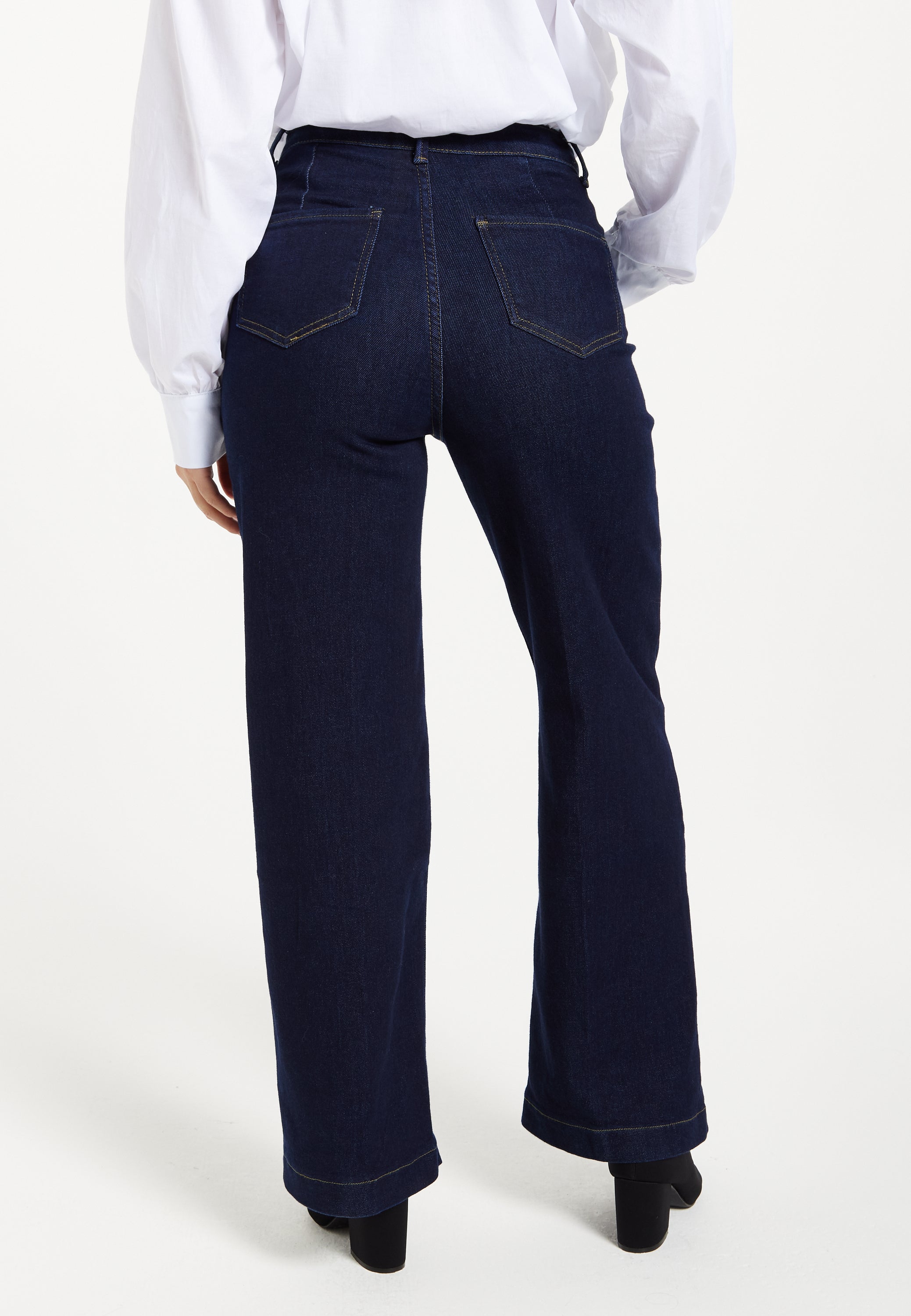 Women's Trousers: High-Waisted Dark Navy Wide-Leg Jeans with Deep Front Pockets, Clean Stitching - Liquorish