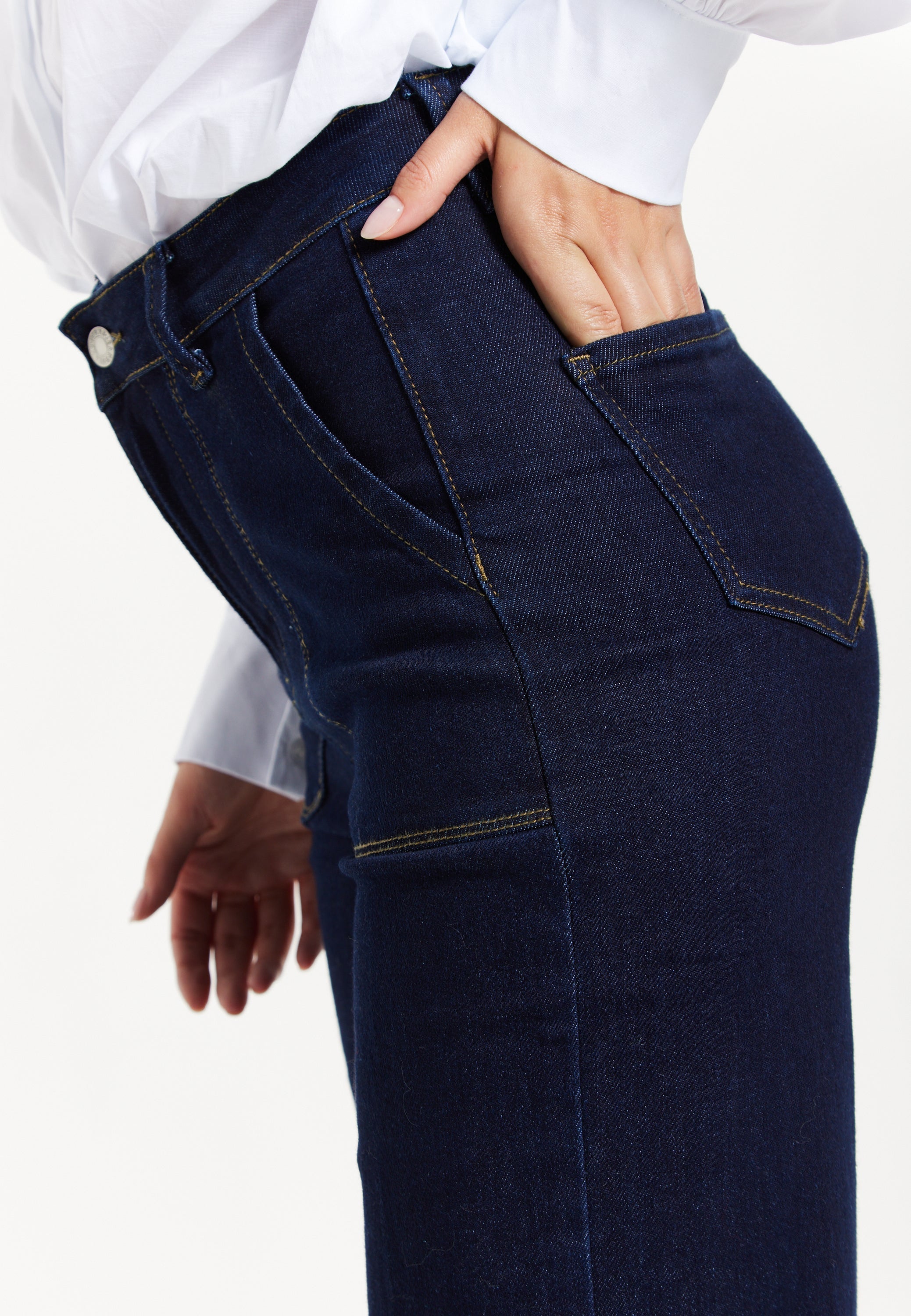 Women's Trousers: High-Waisted Dark Navy Wide-Leg Jeans with Deep Front Pockets, Clean Stitching - Liquorish