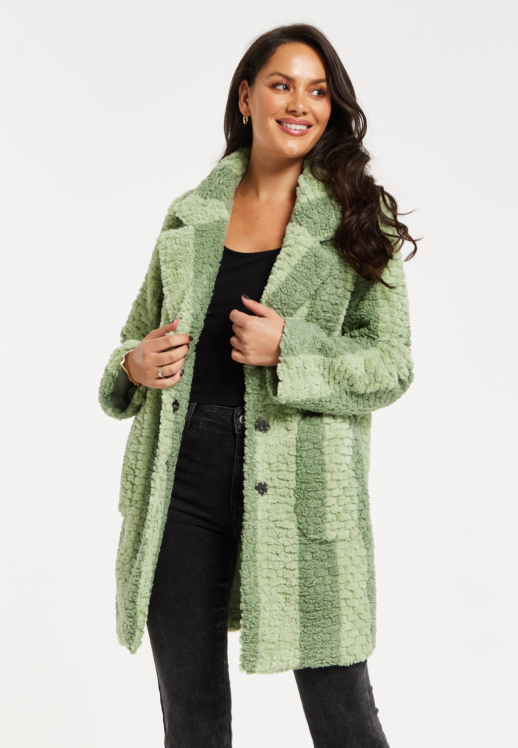 Women's Coat in Green Stripes with Drop Shoulders and Side Pockets - Flattering Fluffy Design by Liquorish