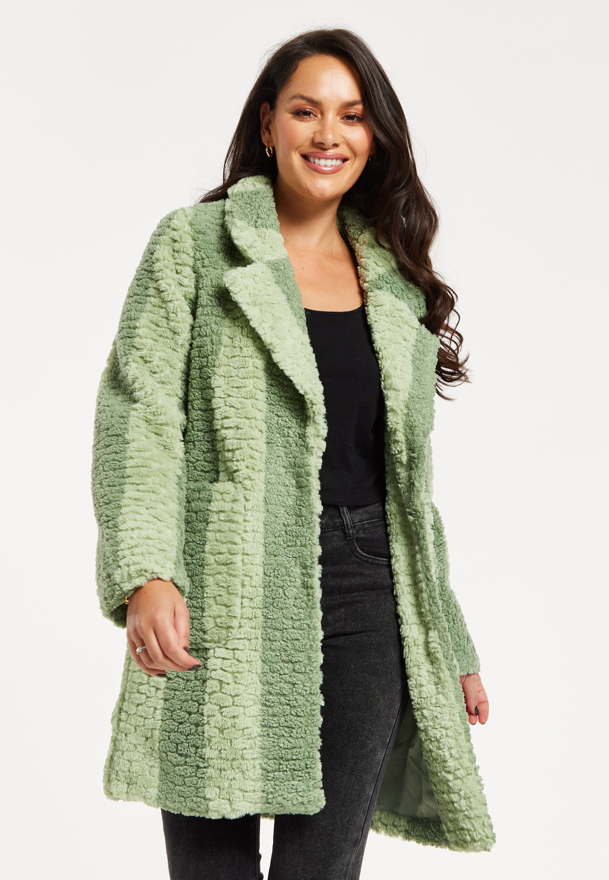 Women's Coat in Green Stripes with Drop Shoulders and Side Pockets - Flattering Fluffy Design by Liquorish