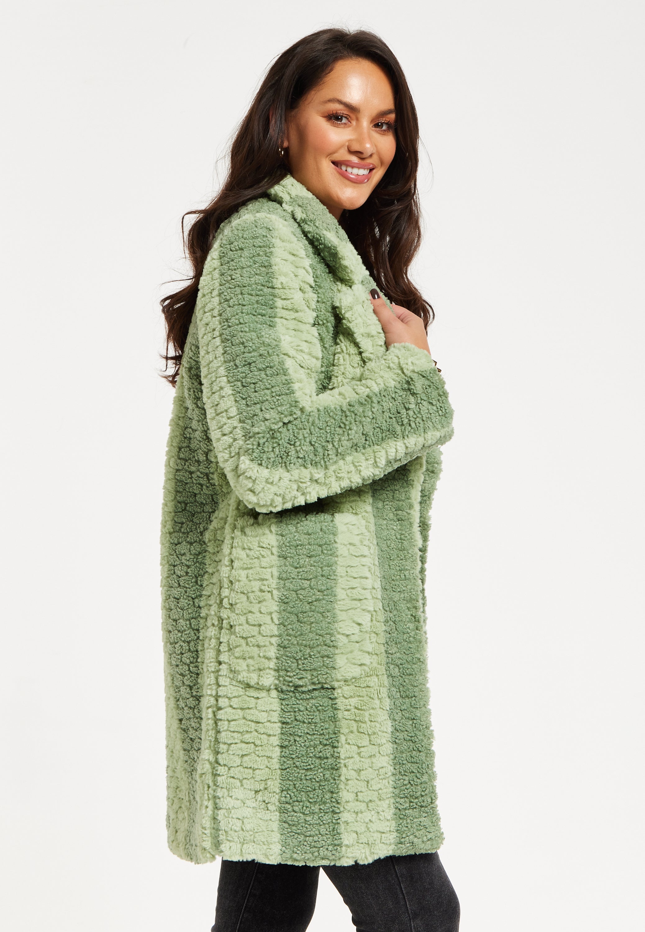 Women's Coat in Green Stripes with Drop Shoulders and Side Pockets - Flattering Fluffy Design by Liquorish