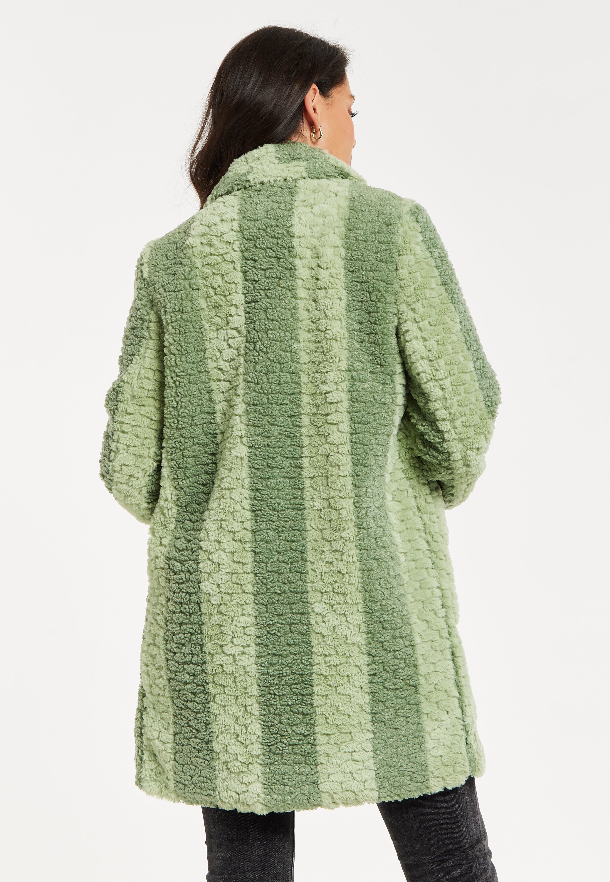 Women's Coat in Green Stripes with Drop Shoulders and Side Pockets - Flattering Fluffy Design by Liquorish