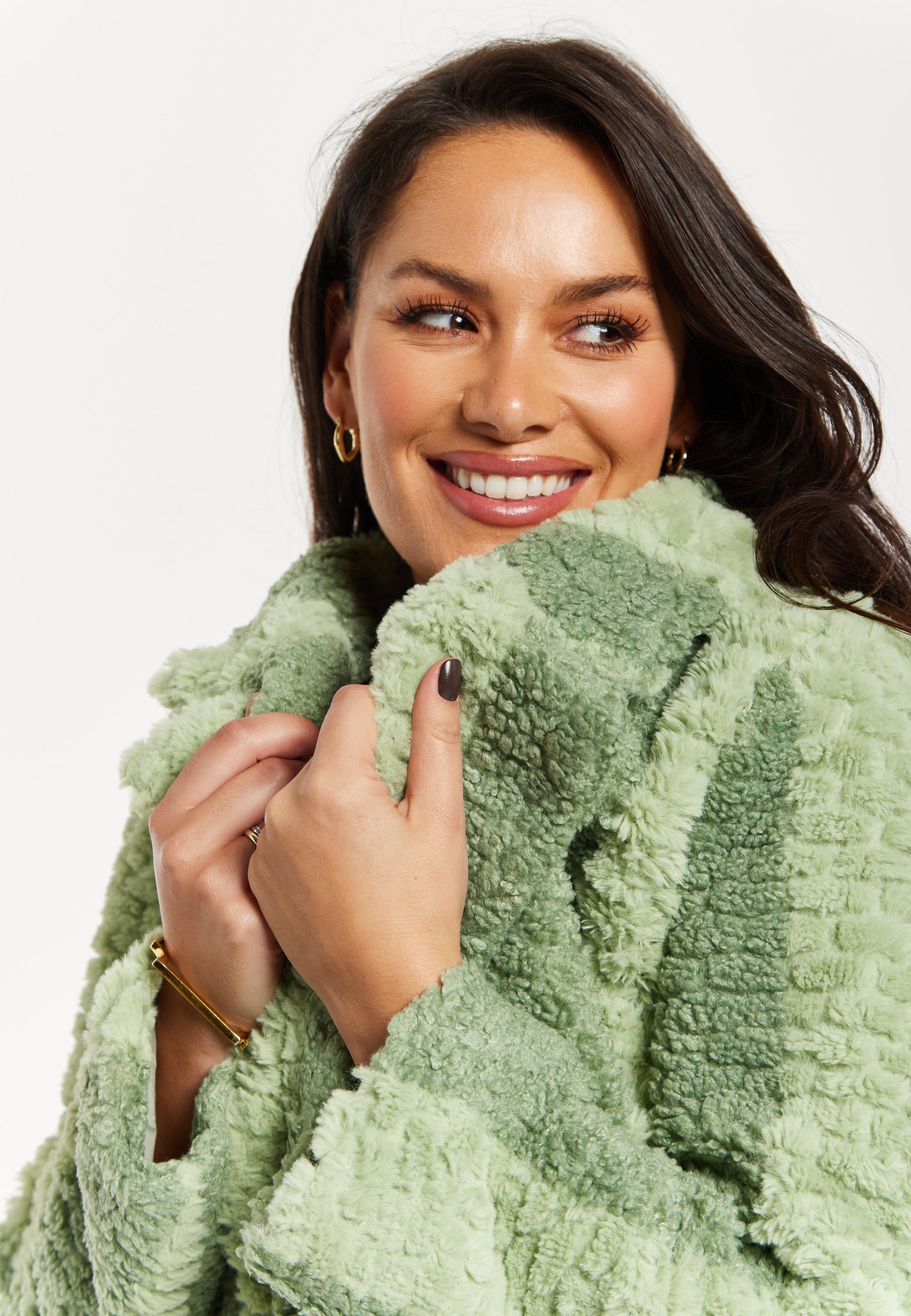 Women's Coat in Green Stripes with Drop Shoulders and Side Pockets - Flattering Fluffy Design by Liquorish