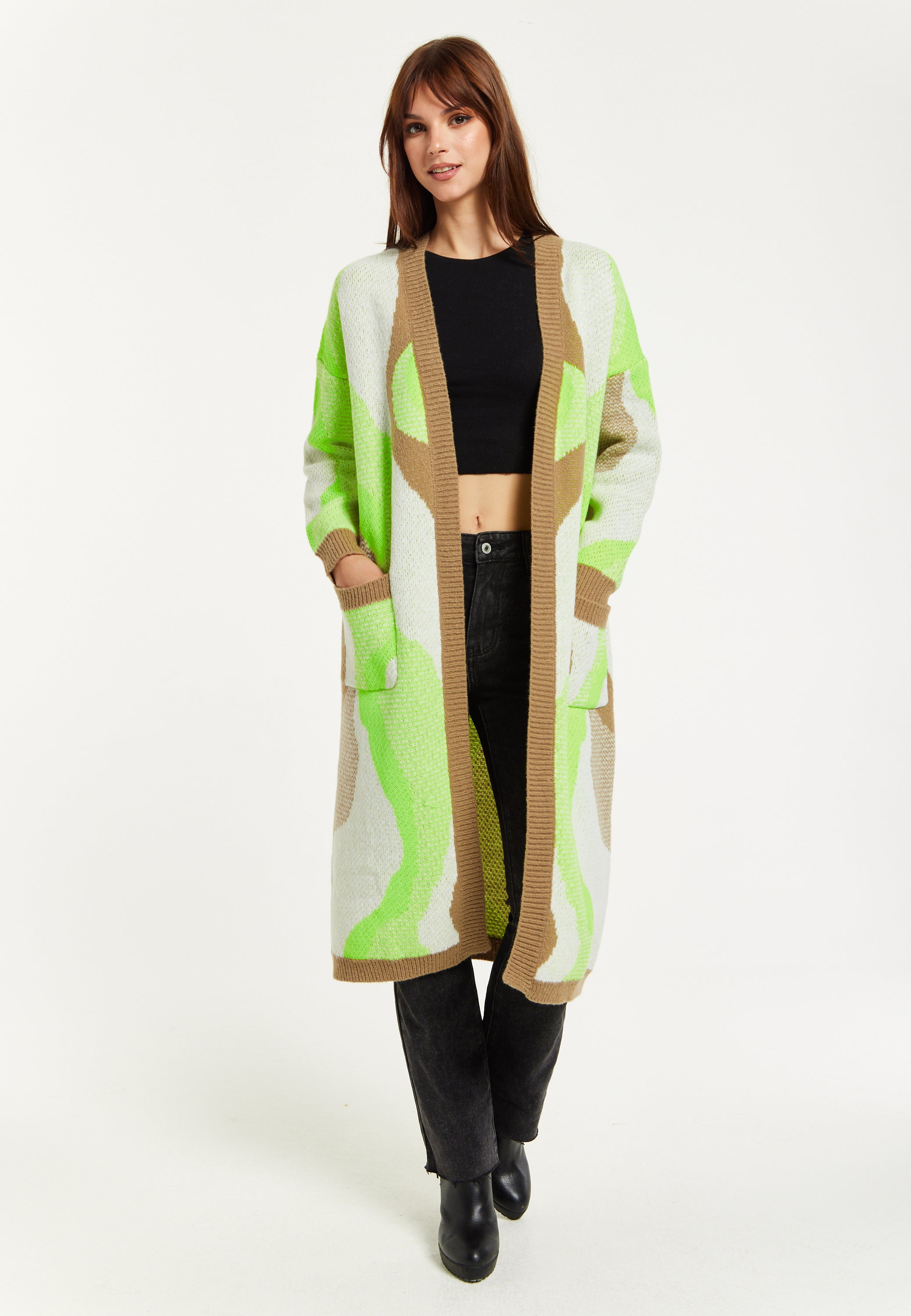 Women's Longline Cardigan in Brown, Green & White with Contrast Neckline & Pockets, Relaxed Fit, Liquorish