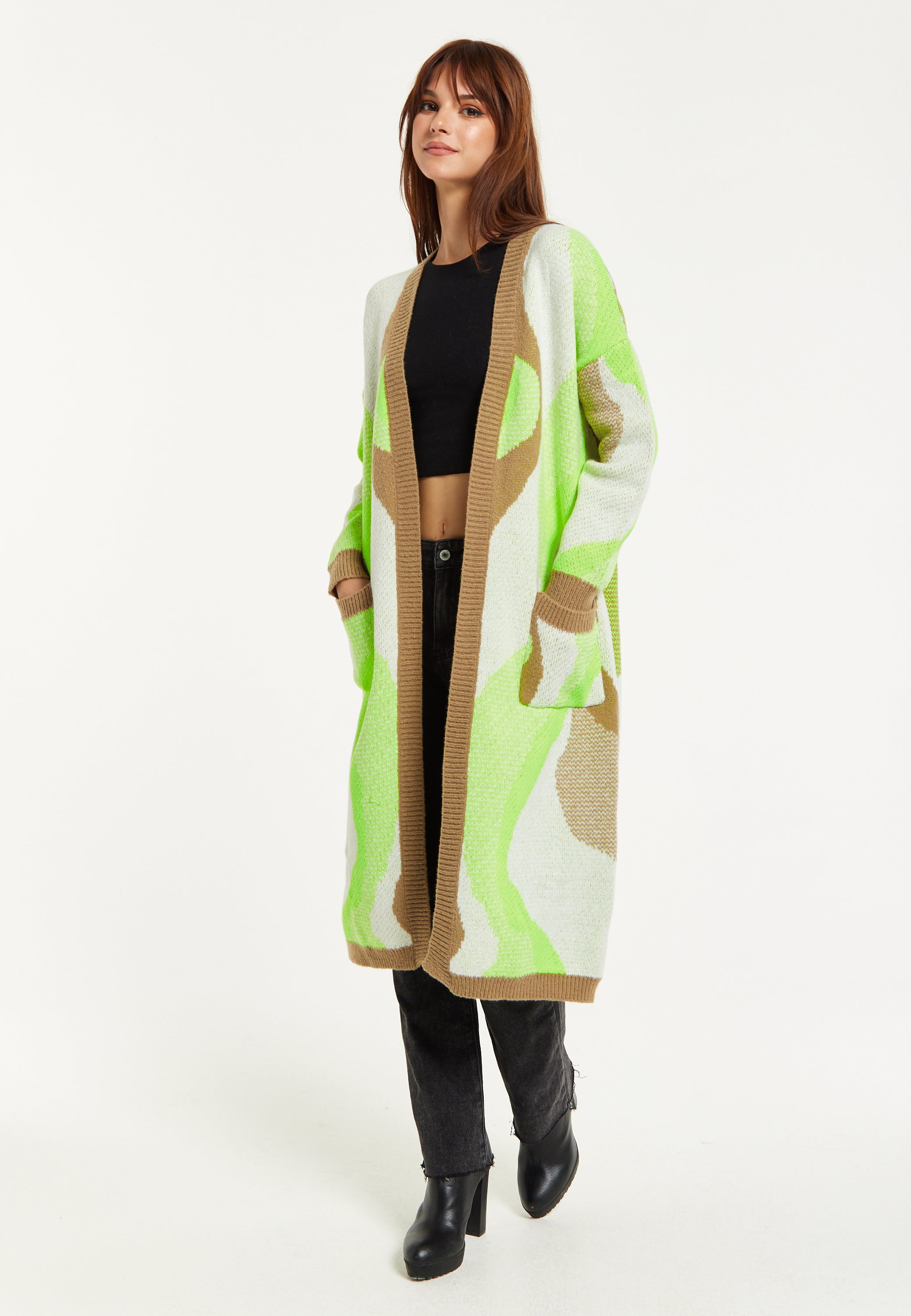 Women's Longline Cardigan in Brown, Green & White with Contrast Neckline & Pockets, Relaxed Fit, Liquorish