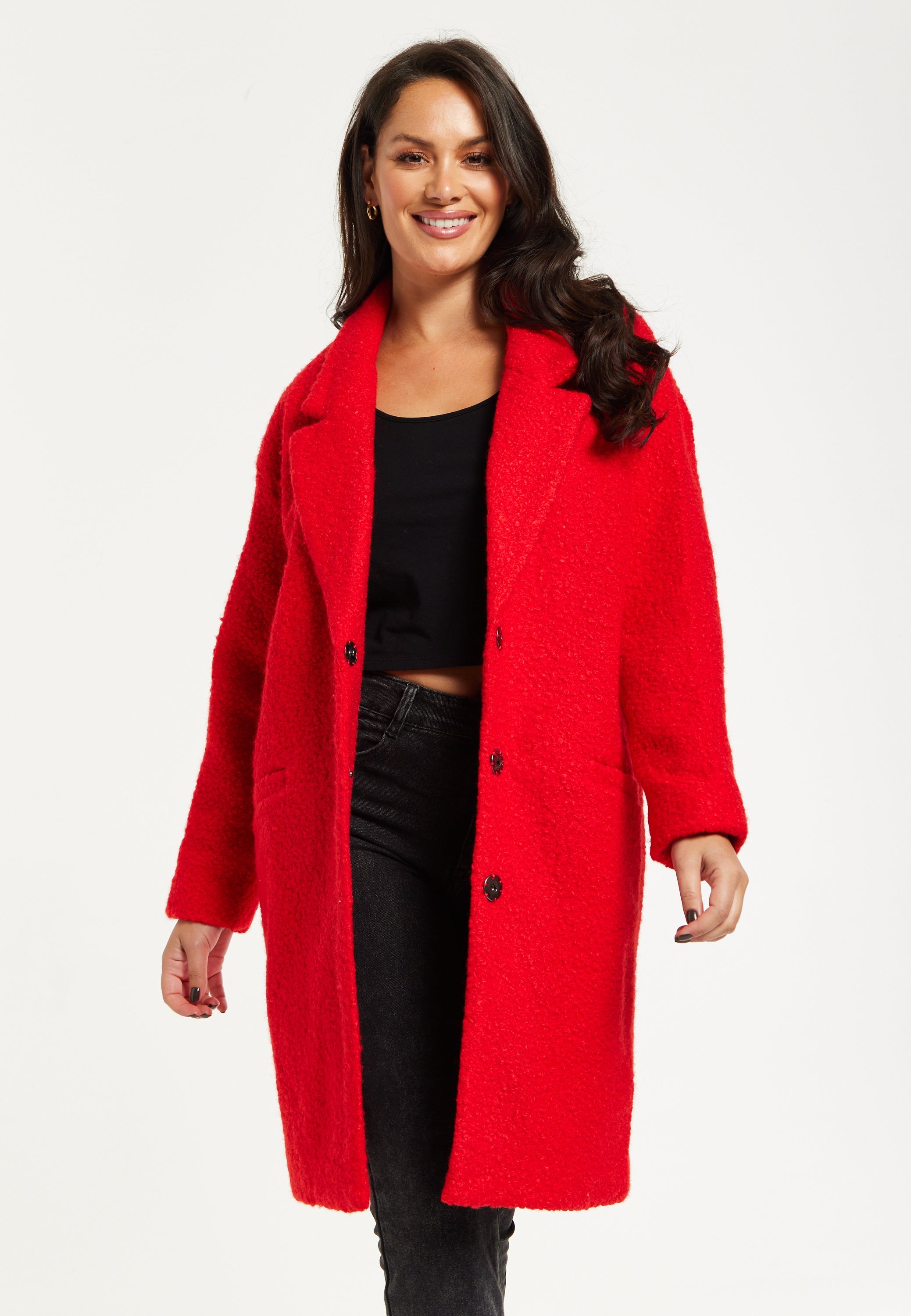 Women's Red Bouclé Coat with Notch Lapels, Dropped Shoulders & Relaxed Fit - Liquorish