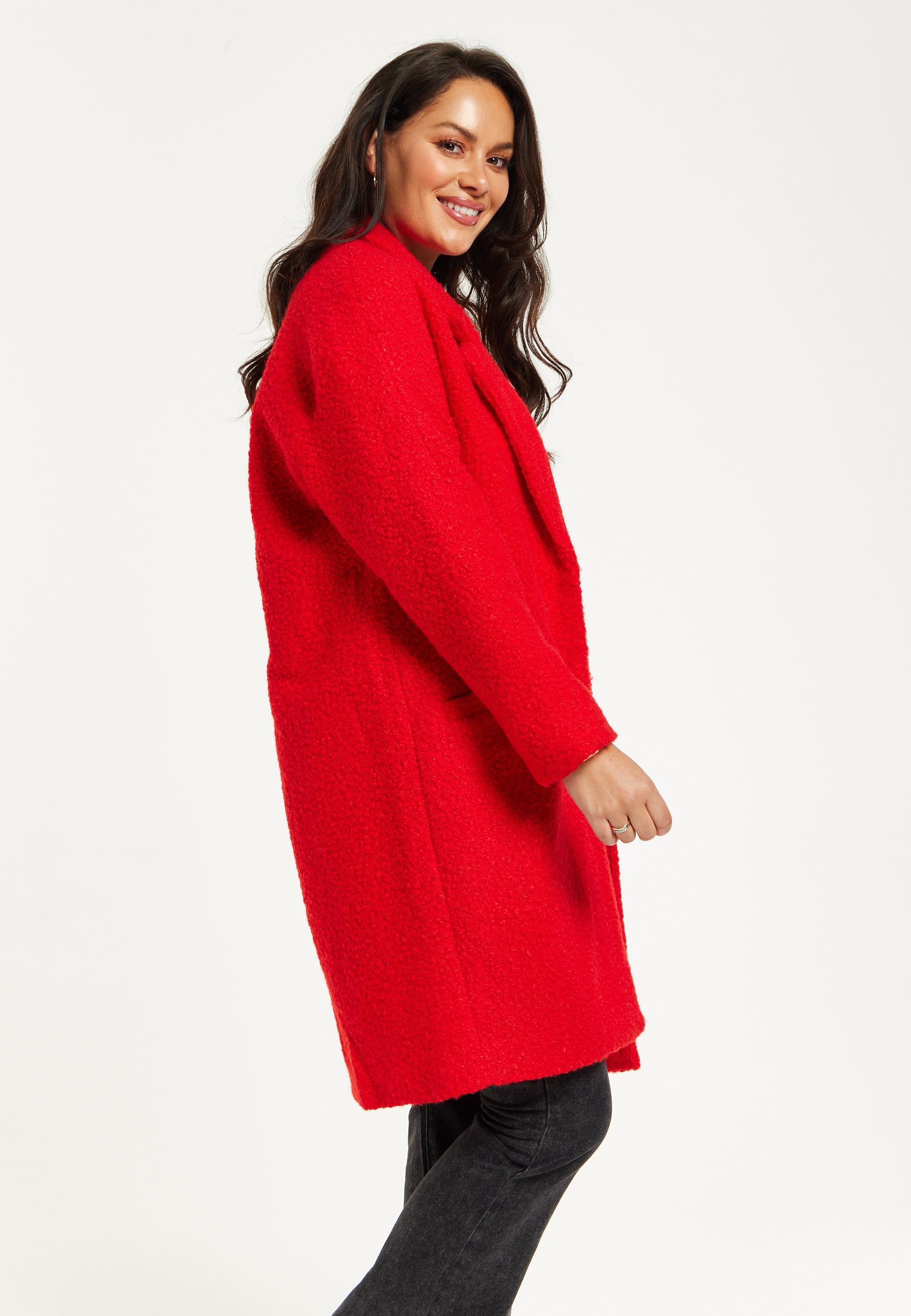 Women's Red Bouclé Coat with Notch Lapels, Dropped Shoulders & Relaxed Fit - Liquorish