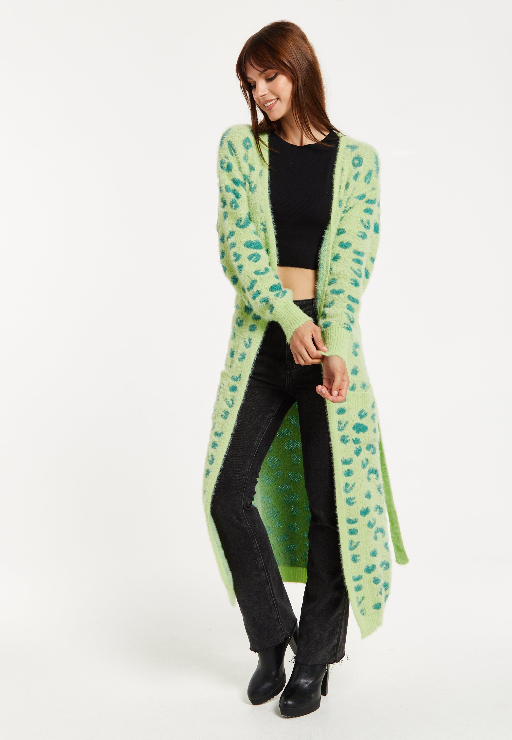 Women's Cardigan in Green Animal Print with Longline Design and Front Pockets - Liquorish