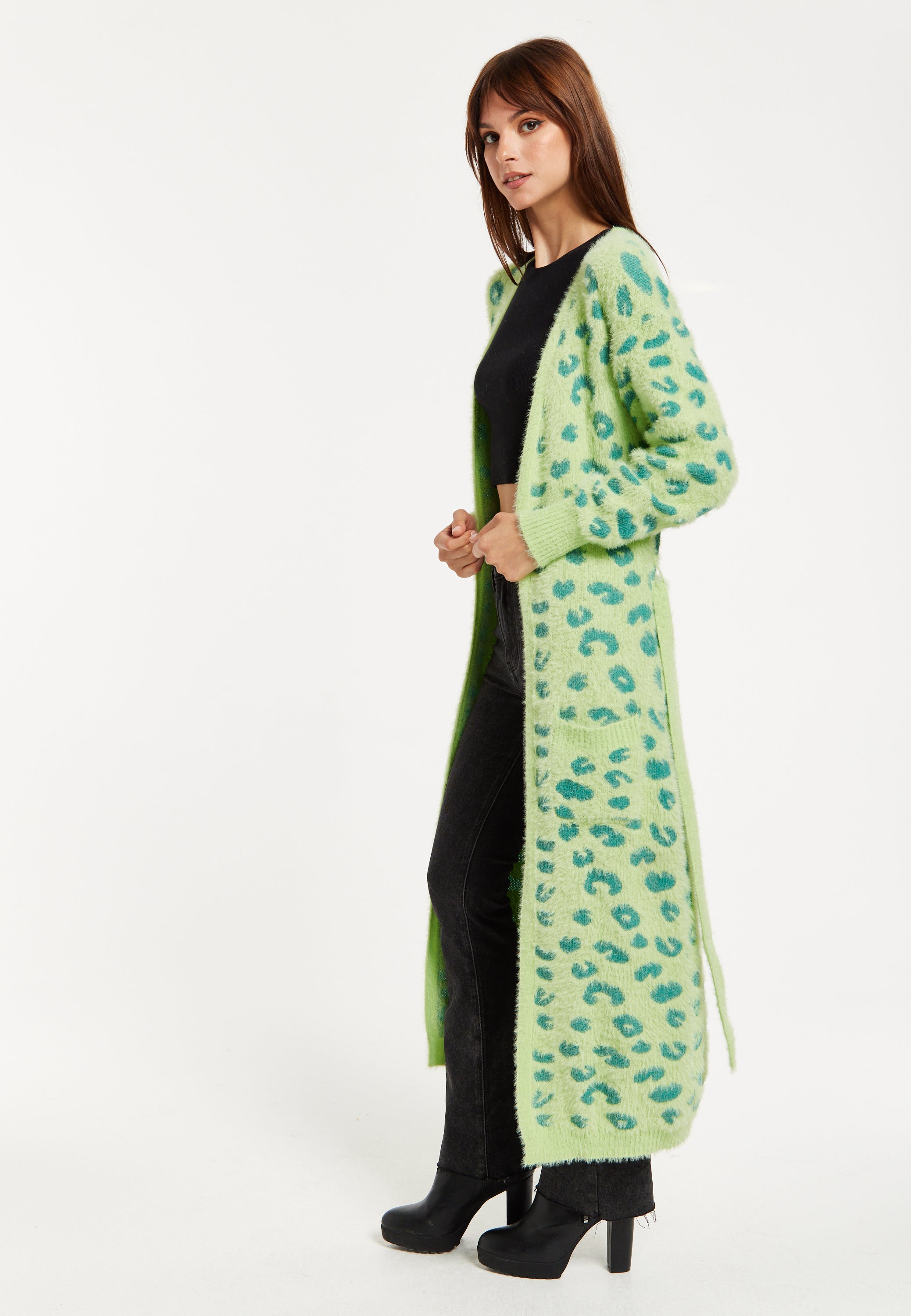 Women's Cardigan in Green Animal Print with Longline Design and Front Pockets - Liquorish