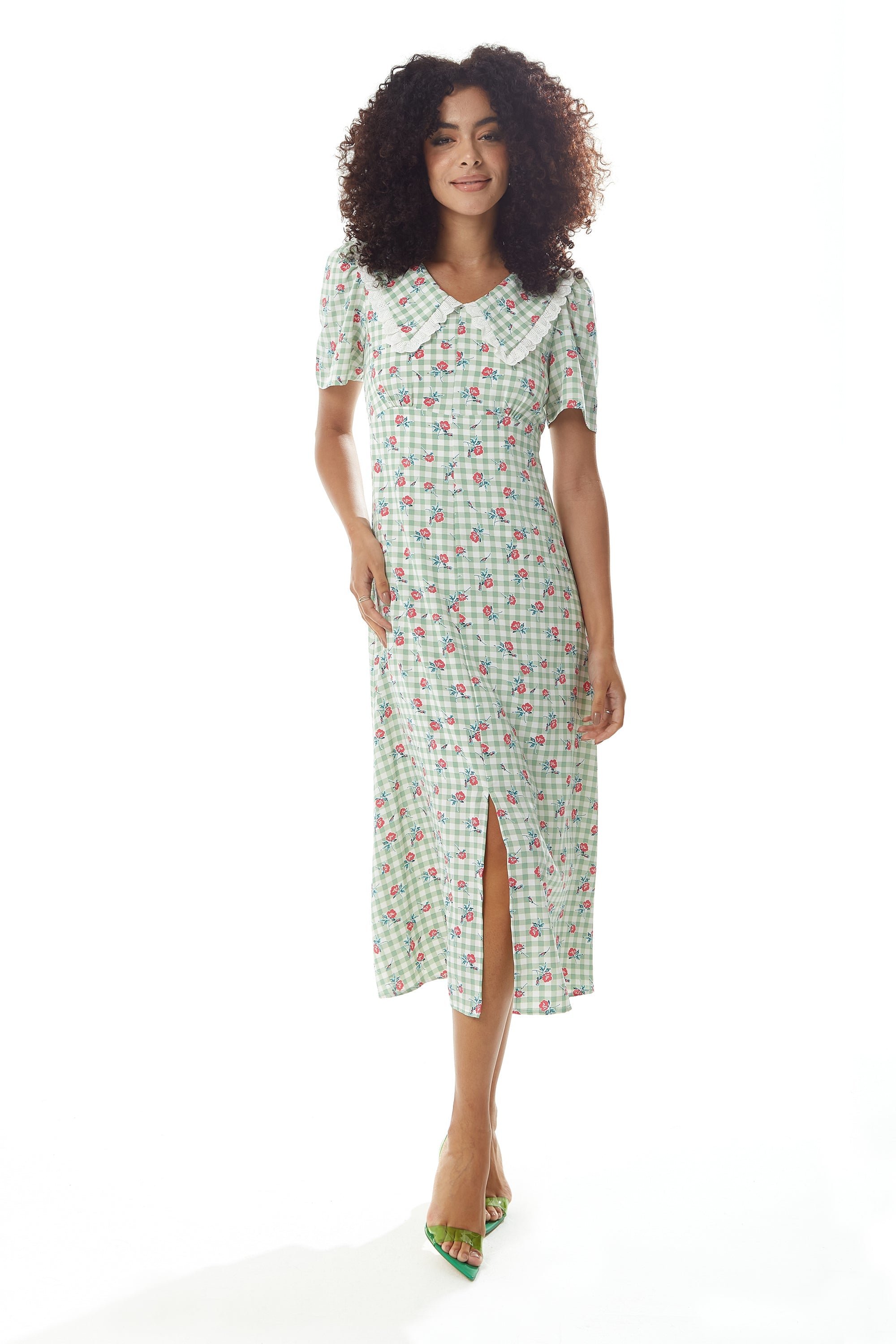 Women's Midi Dress in Green and White Gingham with Floral Print, Short Sleeves and Lace Collar - Liquorish