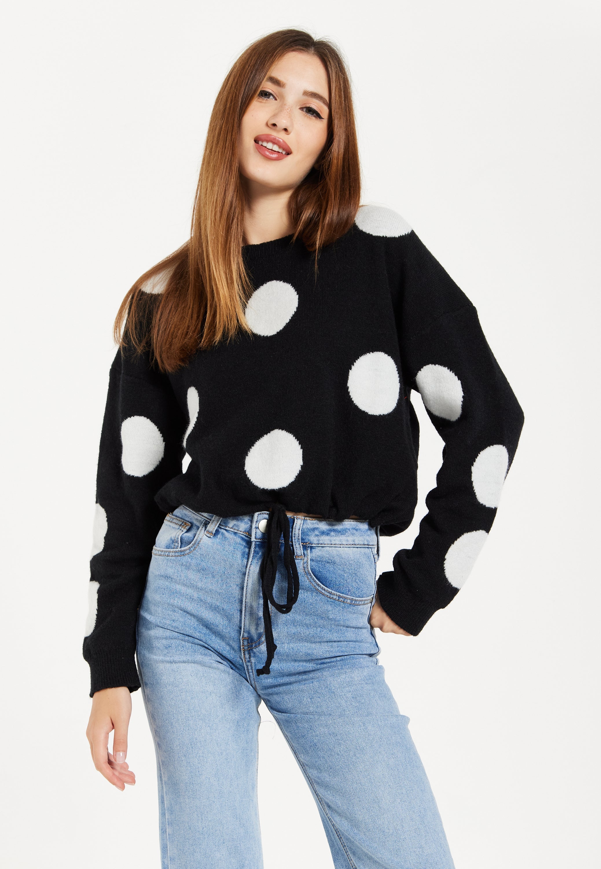 Women's Black Jumper with Long Sleeves and White Polka Dots - Adjustable Waist Tie by Liquorish