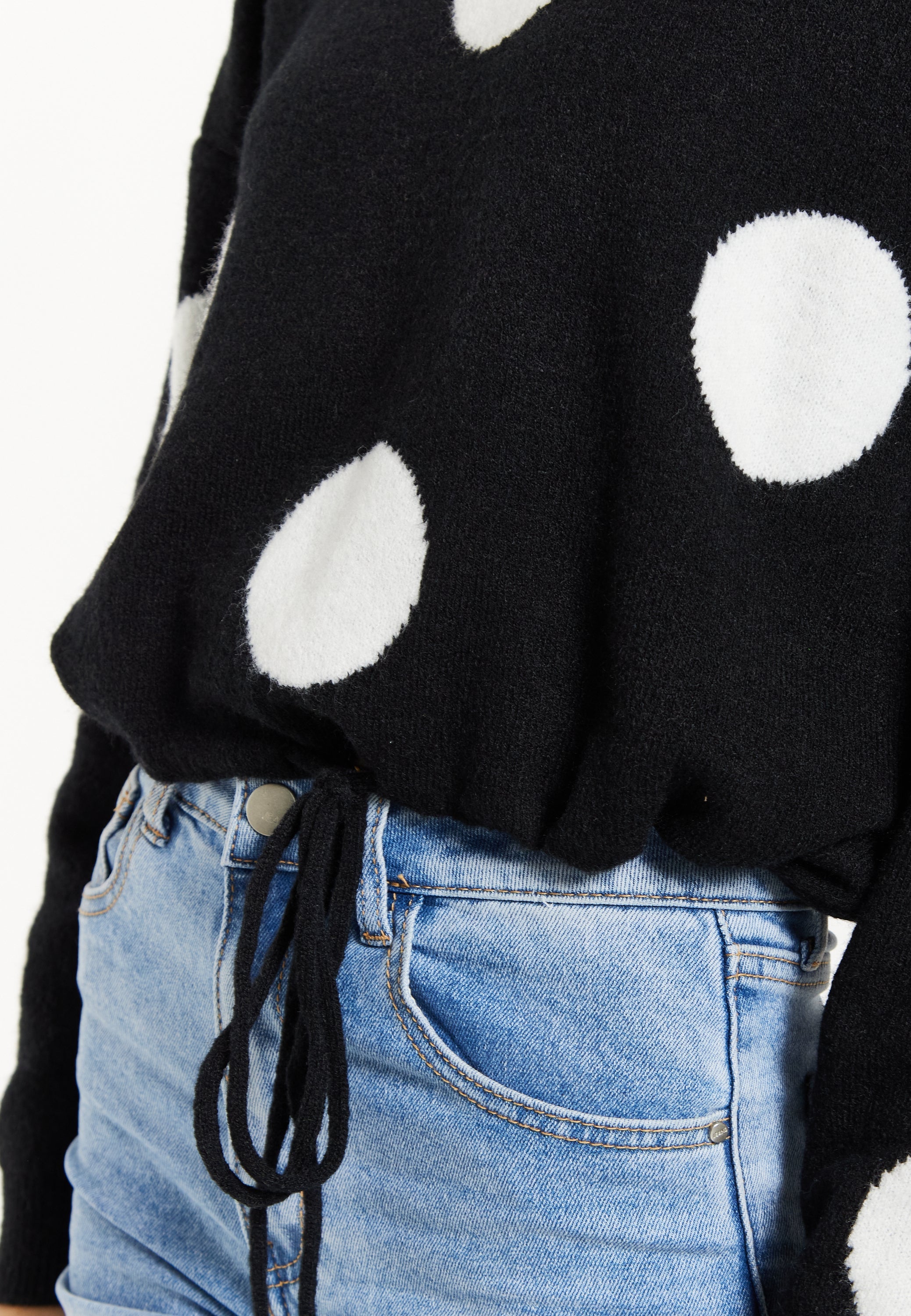 Women's Black Jumper with Long Sleeves and White Polka Dots - Adjustable Waist Tie by Liquorish