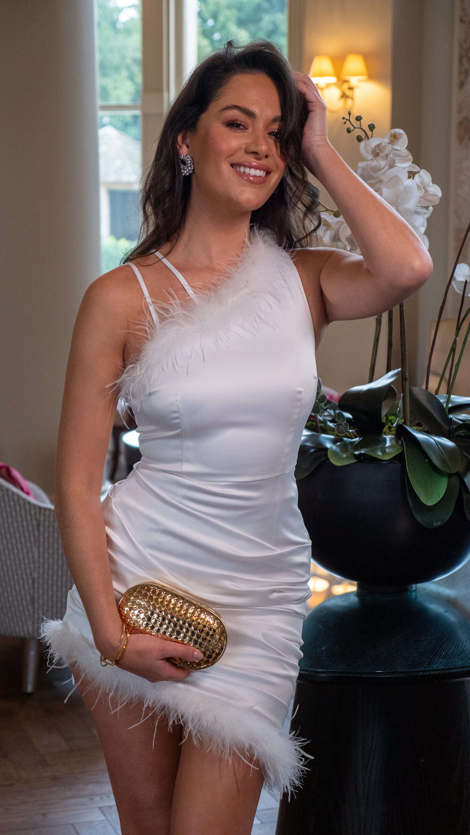 Women's Mini Dress with Asymmetric One Shoulder and Feather Detail in White - Liquorish