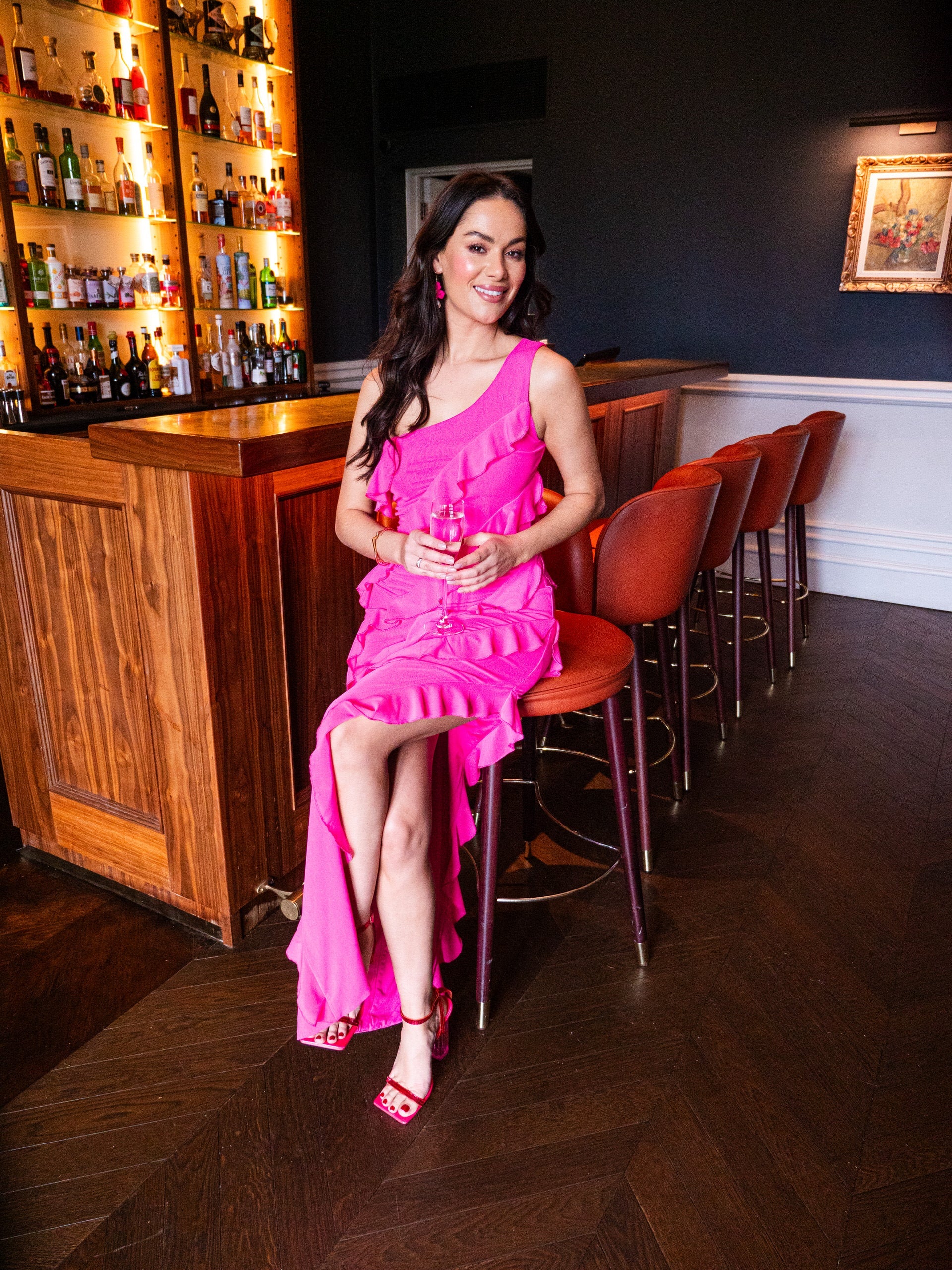 Women's Maxi Dress with One Shoulder Design and Diagonal Ruffle Detail in Pink - Liquorish