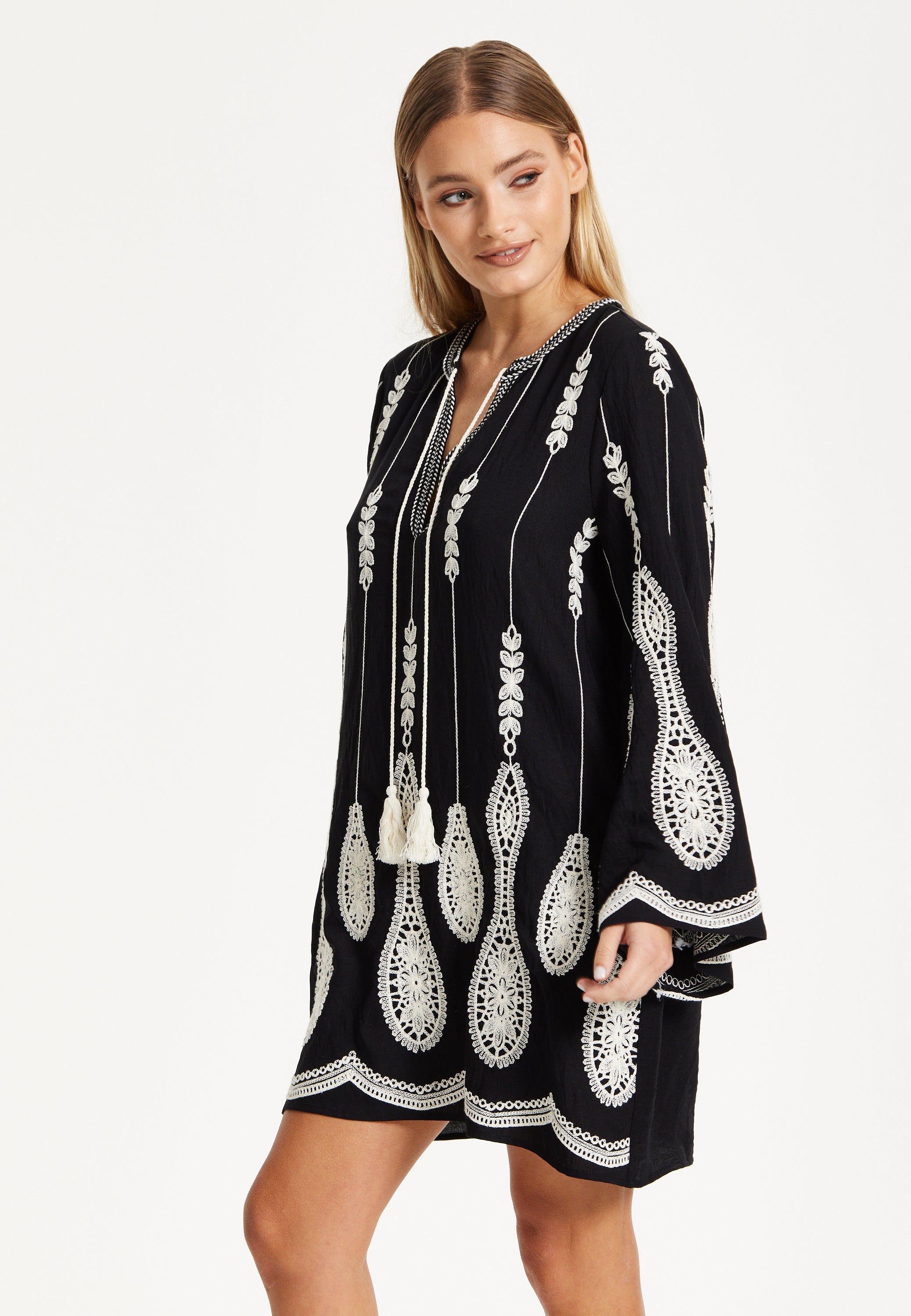 Black Embroidered Flare Sleeve Dress