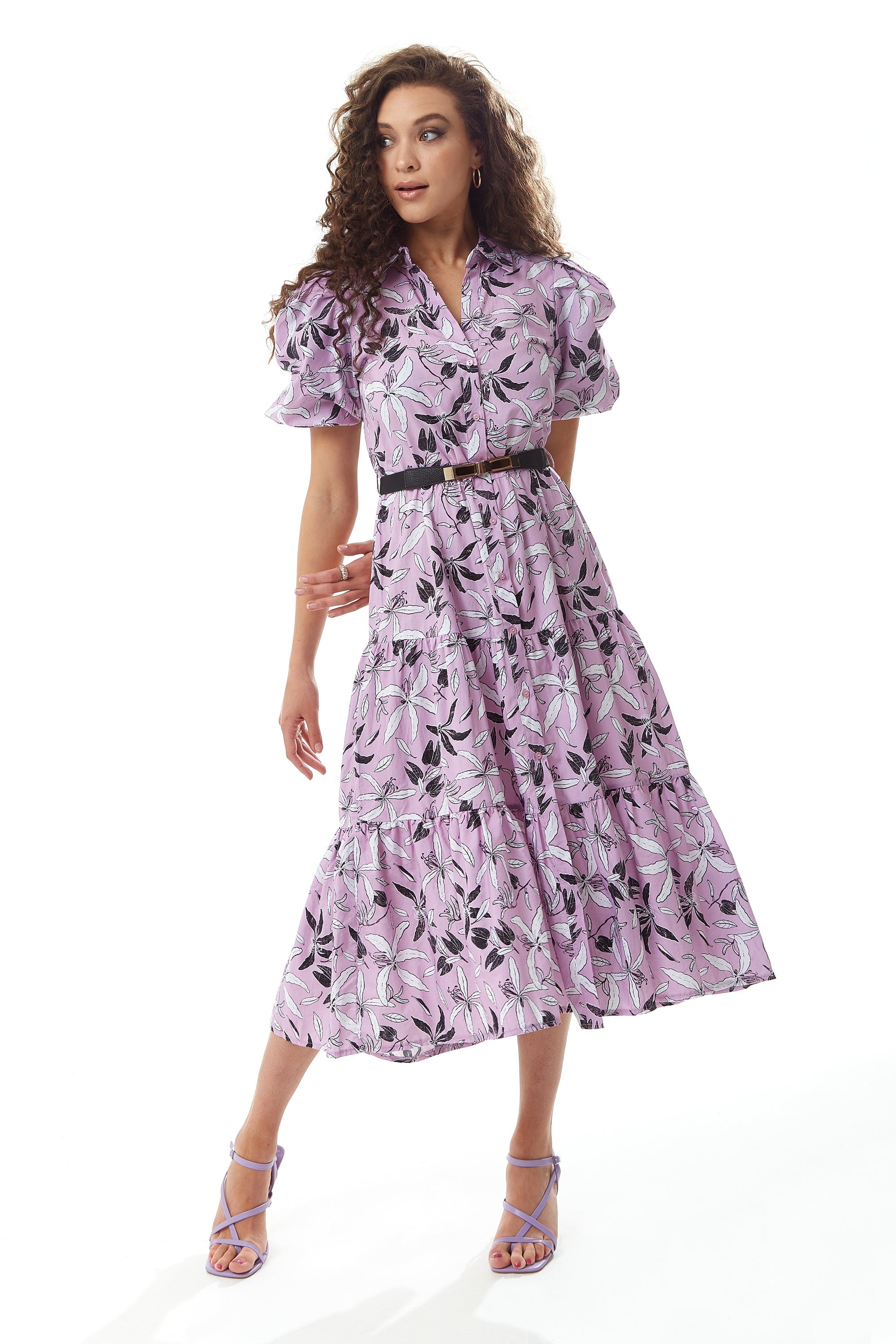 Women's Midi Dress with Balloon Sleeves in Lilac - Floral Print Button Up Style by Liquorish