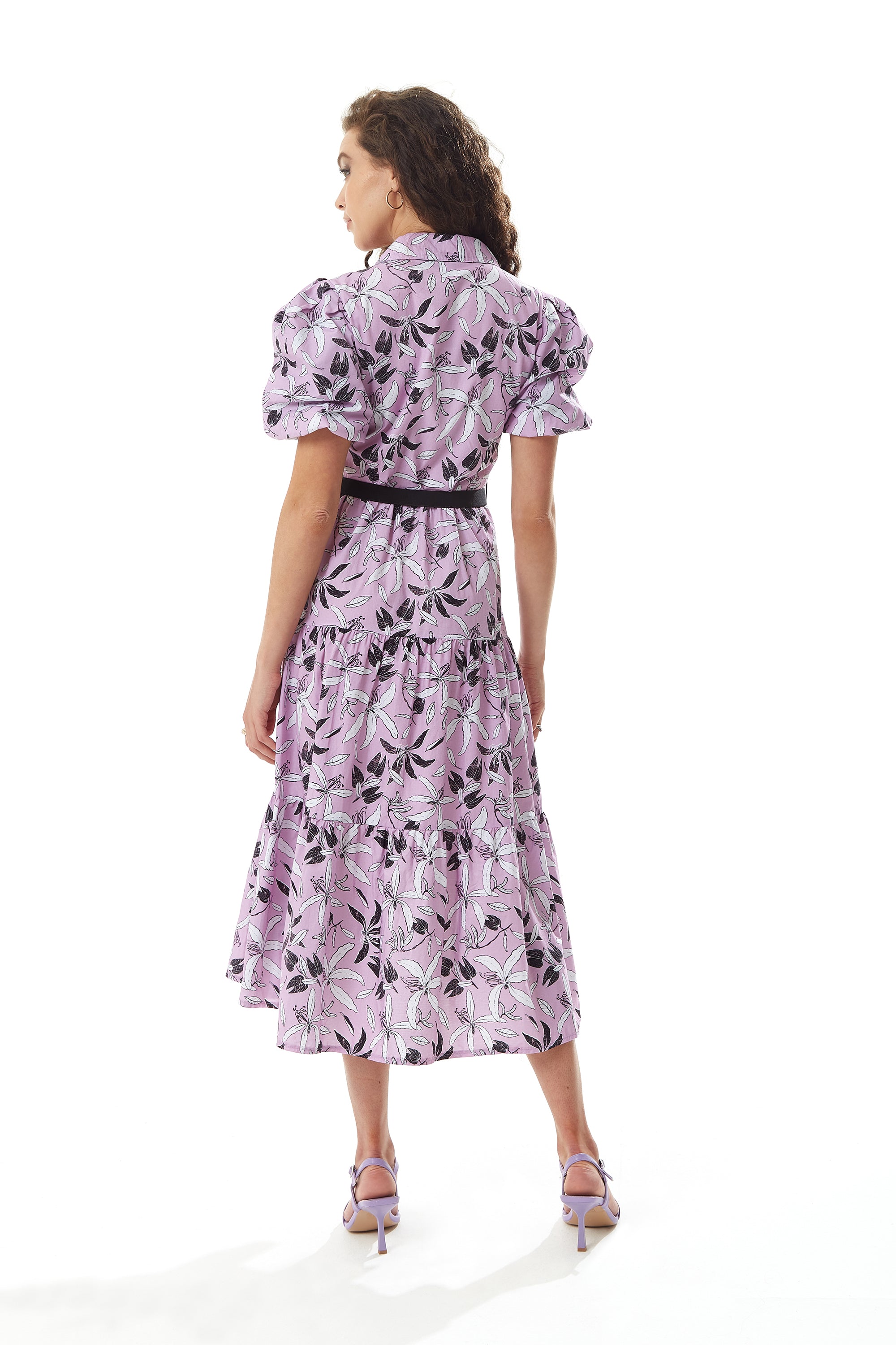 Women's Midi Dress with Balloon Sleeves in Lilac - Floral Print Button Up Style by Liquorish