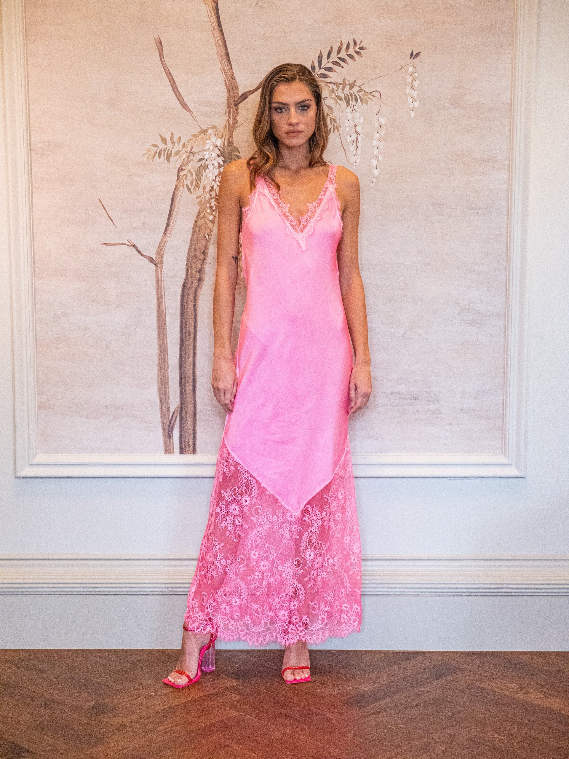 Women's Maxi Dress in Pink, Lace Detailed V-Neck, Sleeveless Design, Effortless Elegance by Liquorish