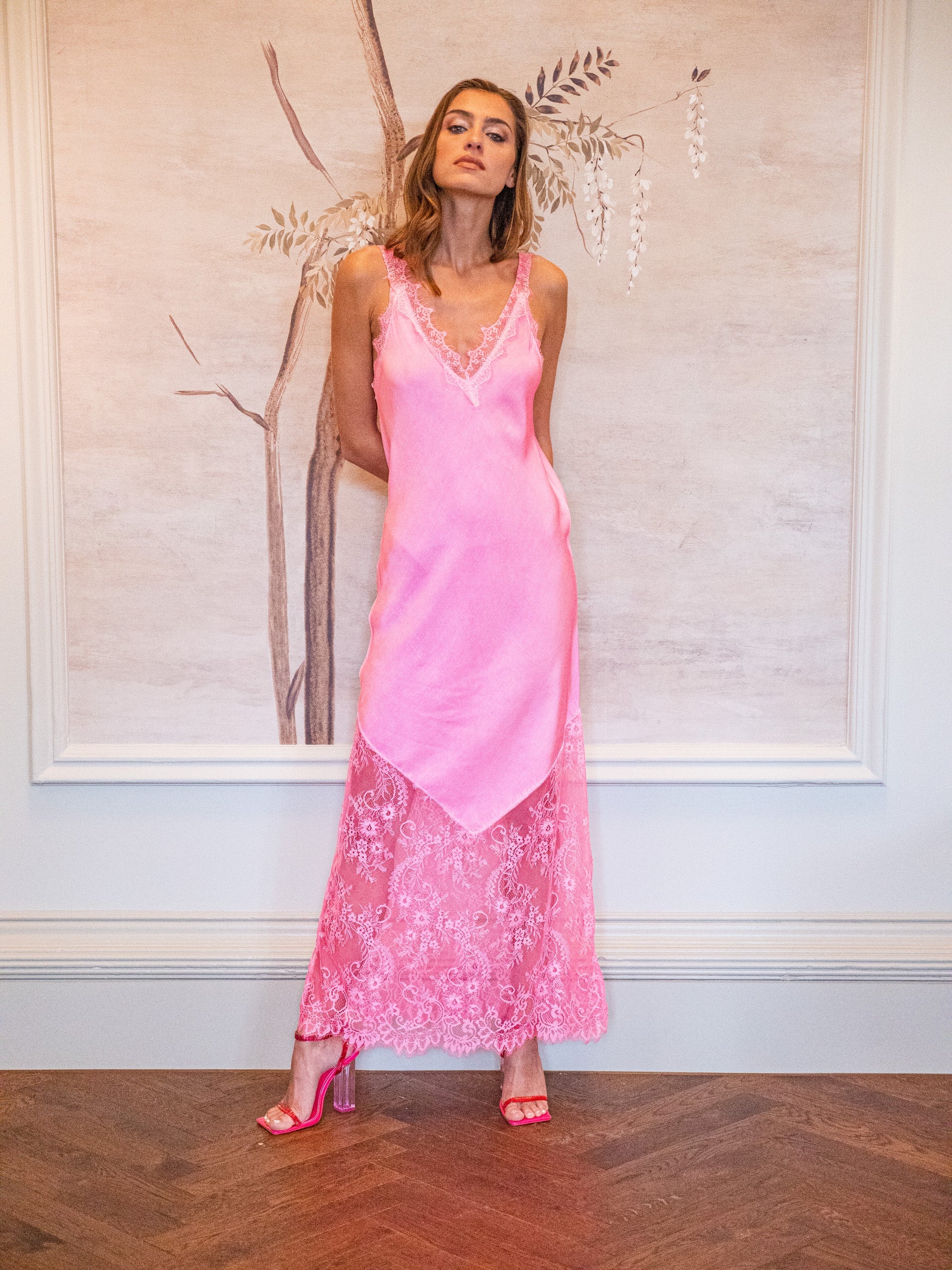 Women's Maxi Dress in Pink, Lace Detailed V-Neck, Sleeveless Design, Effortless Elegance by Liquorish