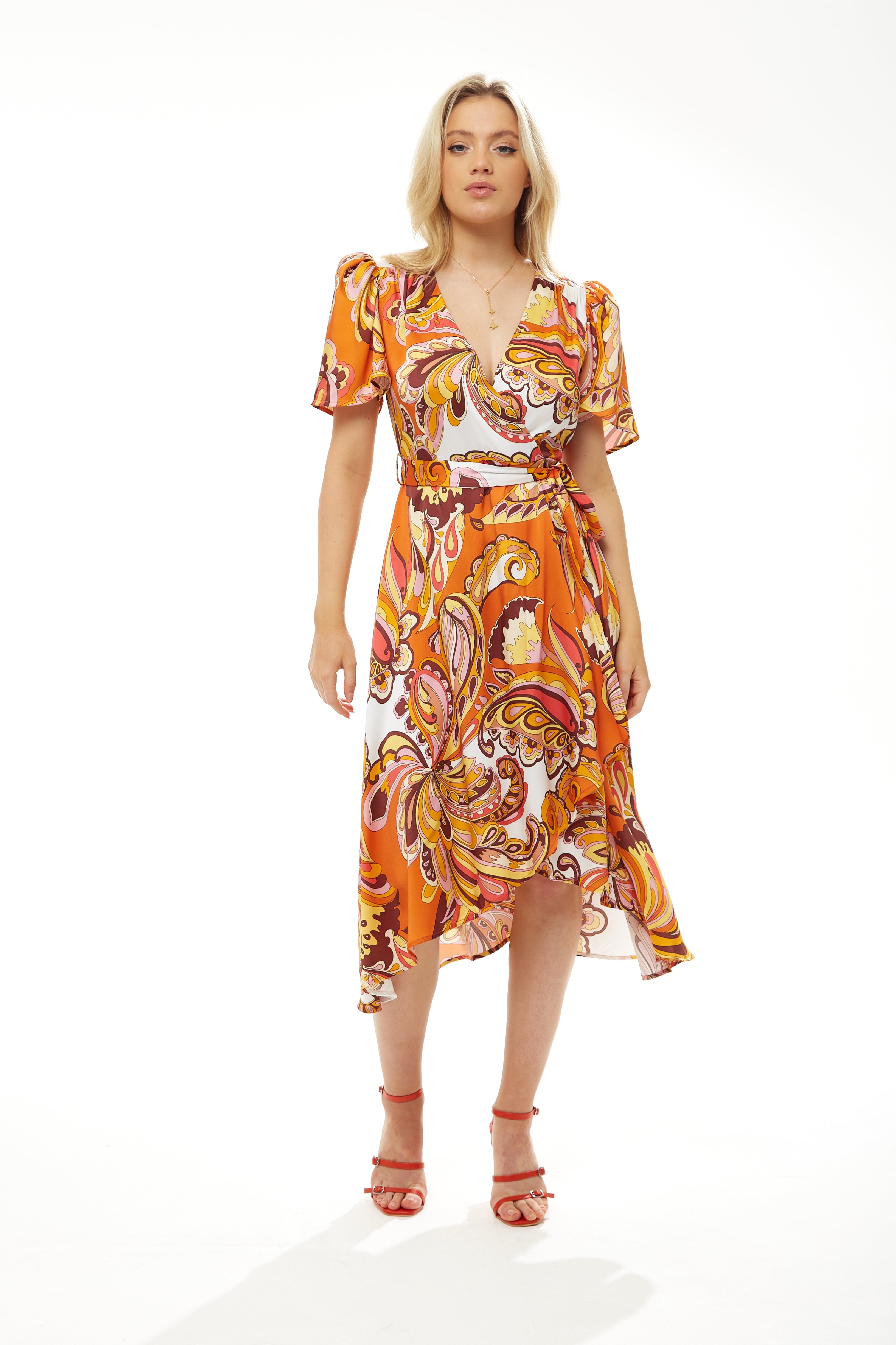 Women's Midi Wrap Dress in Vibrant Orange Floral with Short Sleeves - Stylish Design by Liquorish