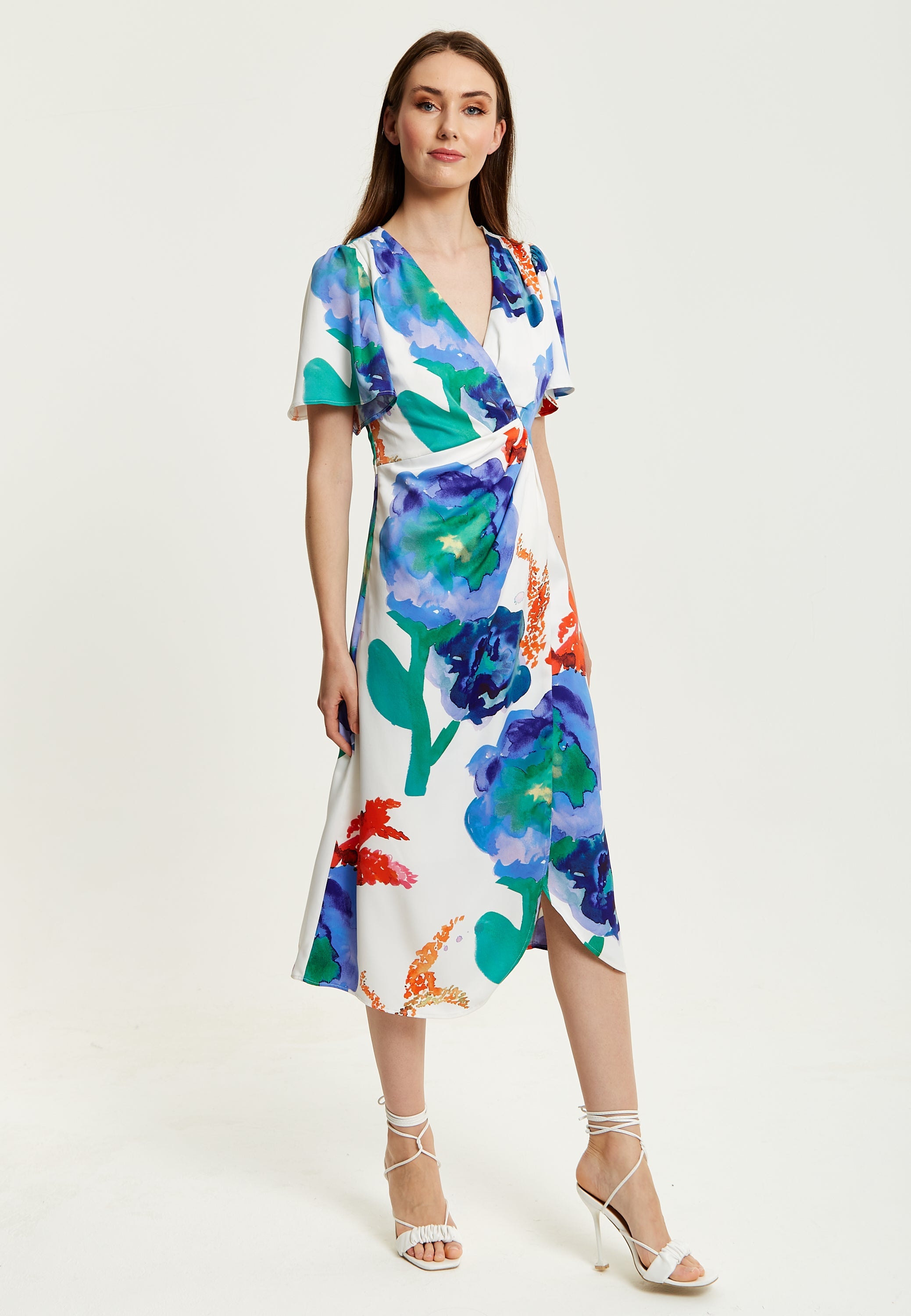 Women's Midi Wrap Dress - White Floral Print with Short Sleeves, Front Slit & Flattering Fit - Liquorish