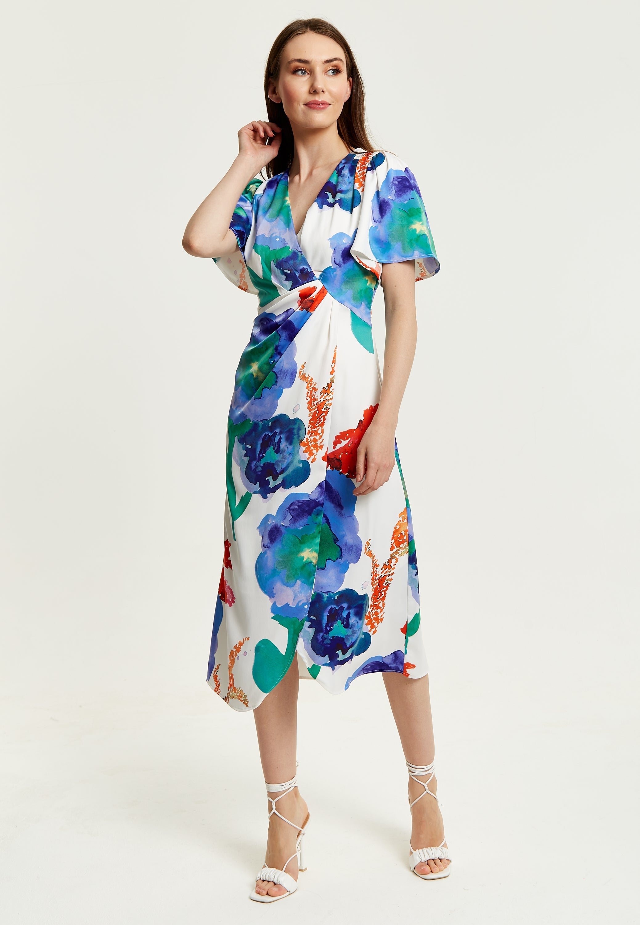 Women's Midi Wrap Dress - White Floral Print with Short Sleeves, Front Slit & Flattering Fit - Liquorish