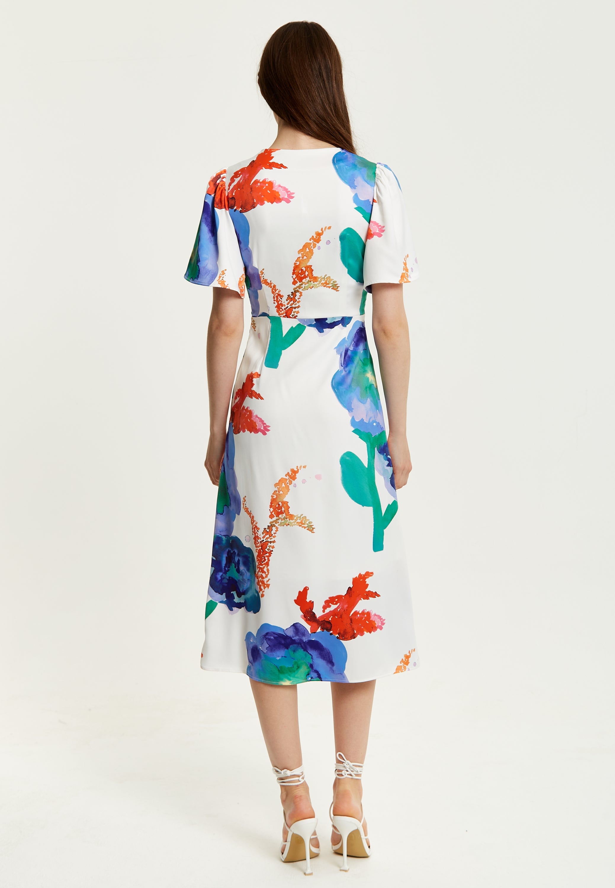 Women's Midi Wrap Dress - White Floral Print with Short Sleeves, Front Slit & Flattering Fit - Liquorish